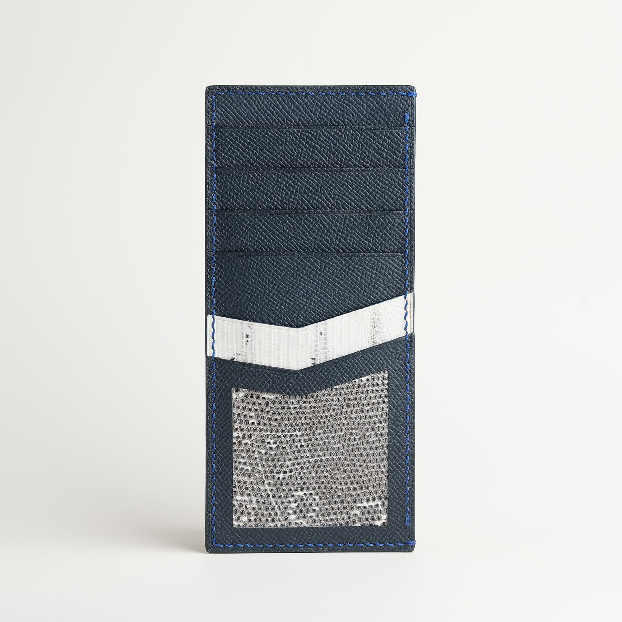 Navy Epsom mix Lizard Leather Vertical Card Holder - Natural Pattern