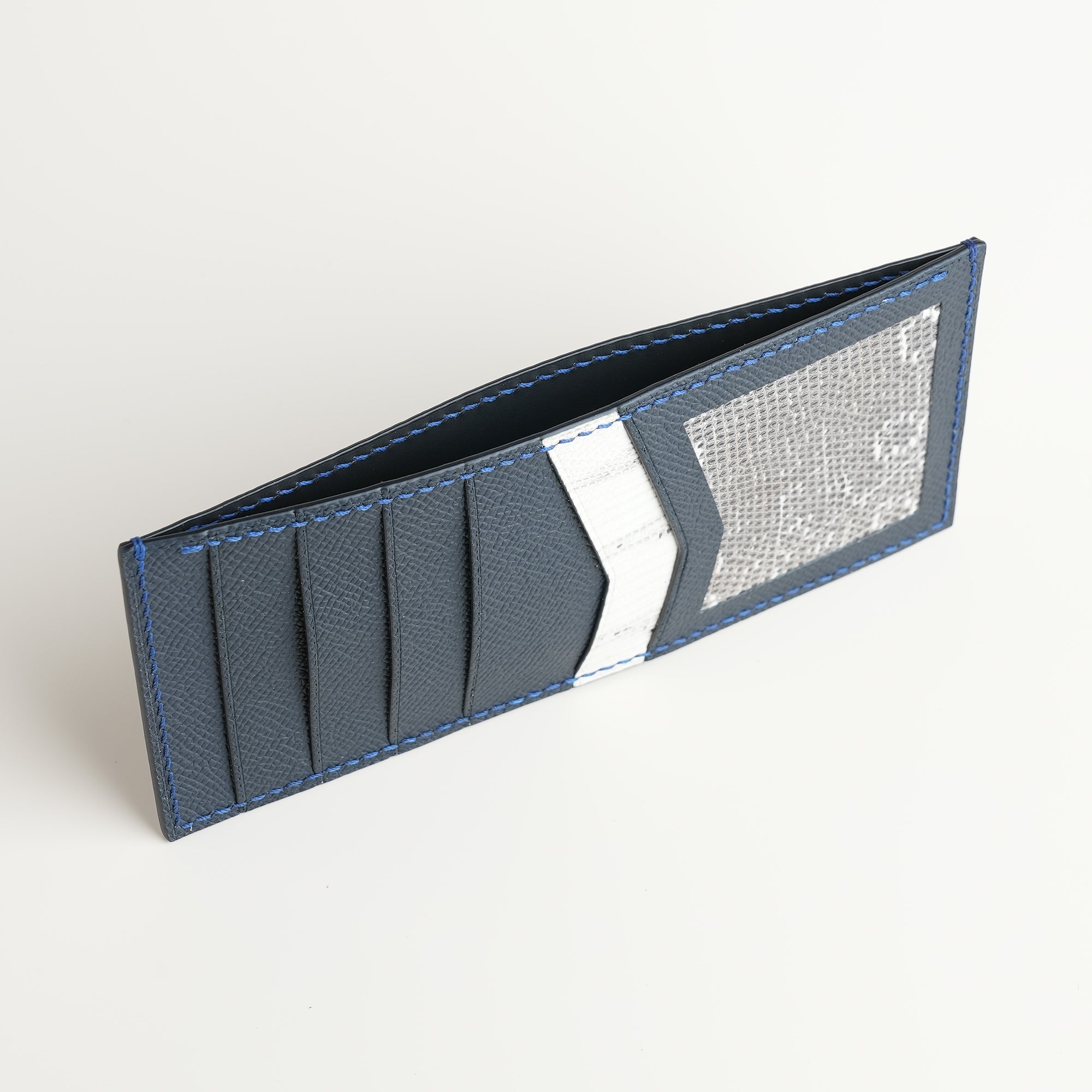 Navy Epsom mix Lizard Leather Vertical Card Holder - Natural Pattern