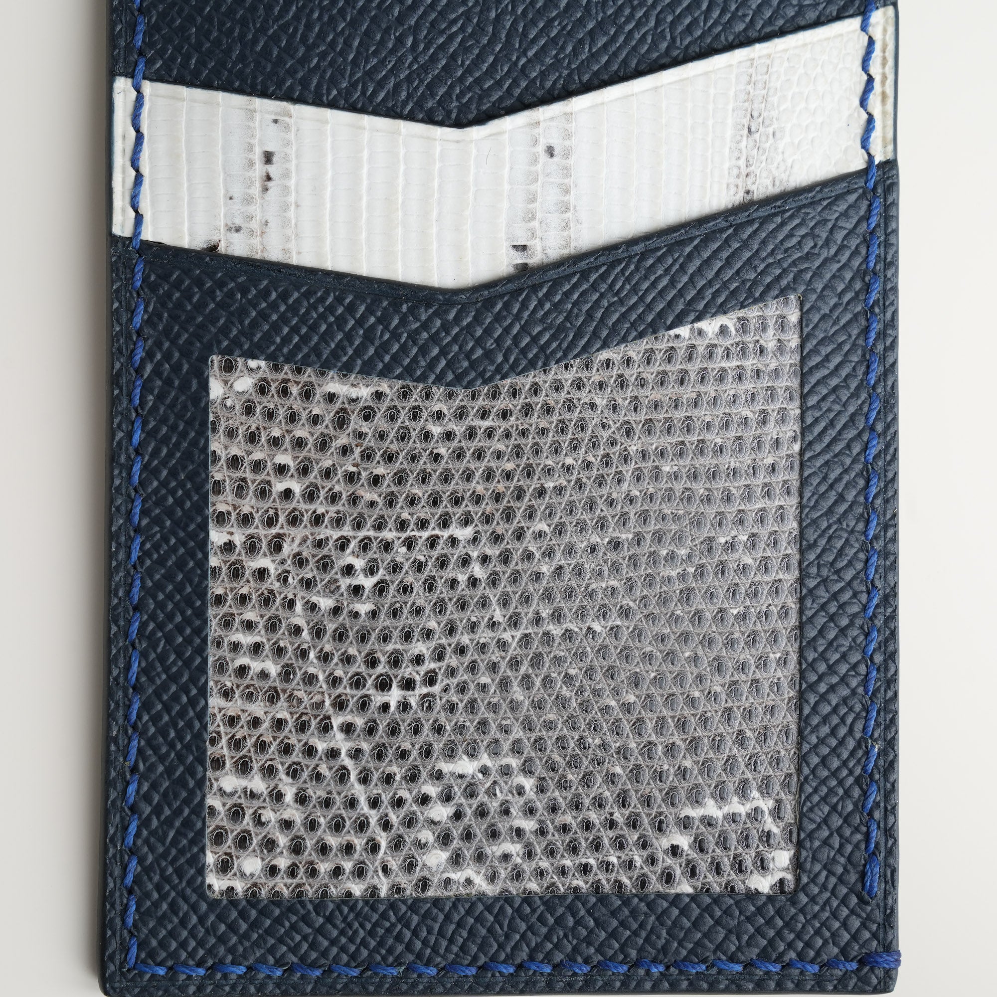 Navy Epsom mix Lizard Leather Vertical Card Holder - Natural Pattern