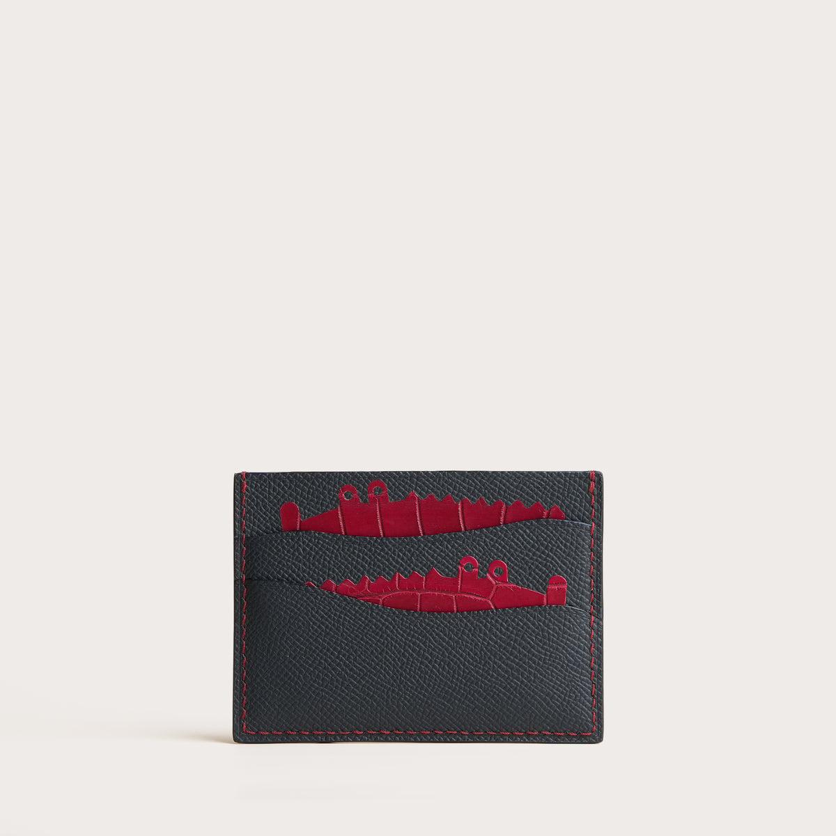 Navy Epsom mix Red Crocodile Leather Card Holder - Double Stupid Alligator