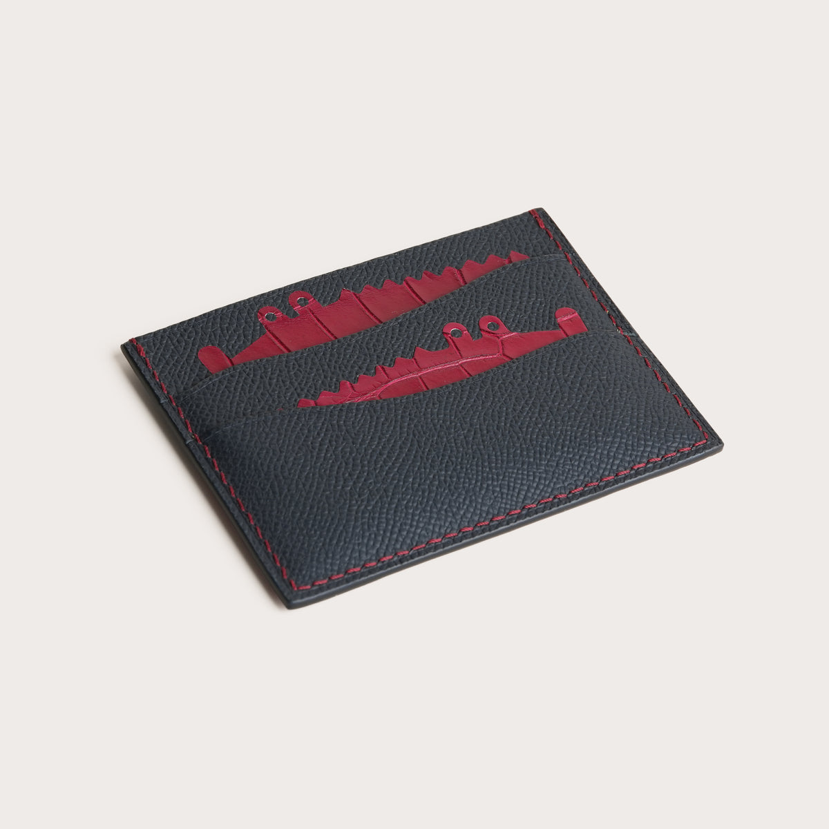 Navy Epsom mix Red Crocodile Leather Card Holder - Double Stupid Alligator