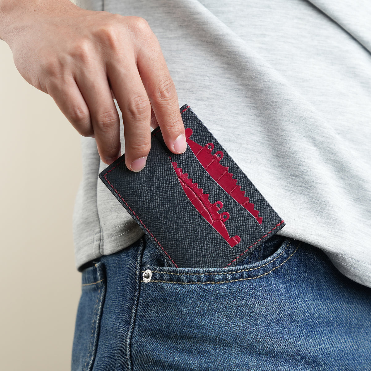 Navy Epsom mix Red Crocodile Leather Card Holder - Double Stupid Alligator