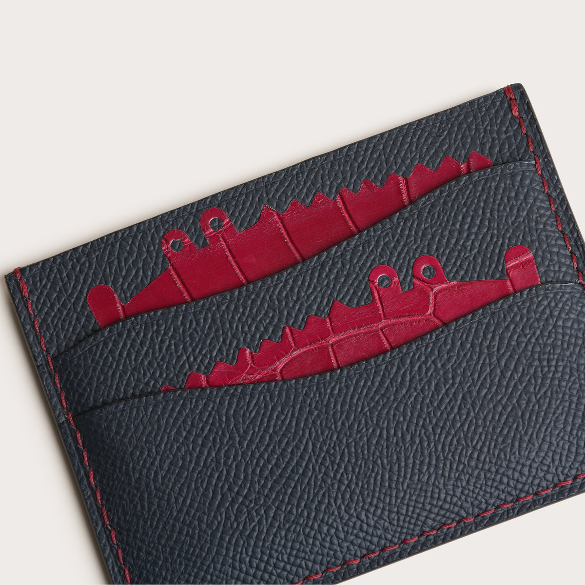 Navy Epsom mix Red Crocodile Leather Card Holder - Double Stupid Alligator