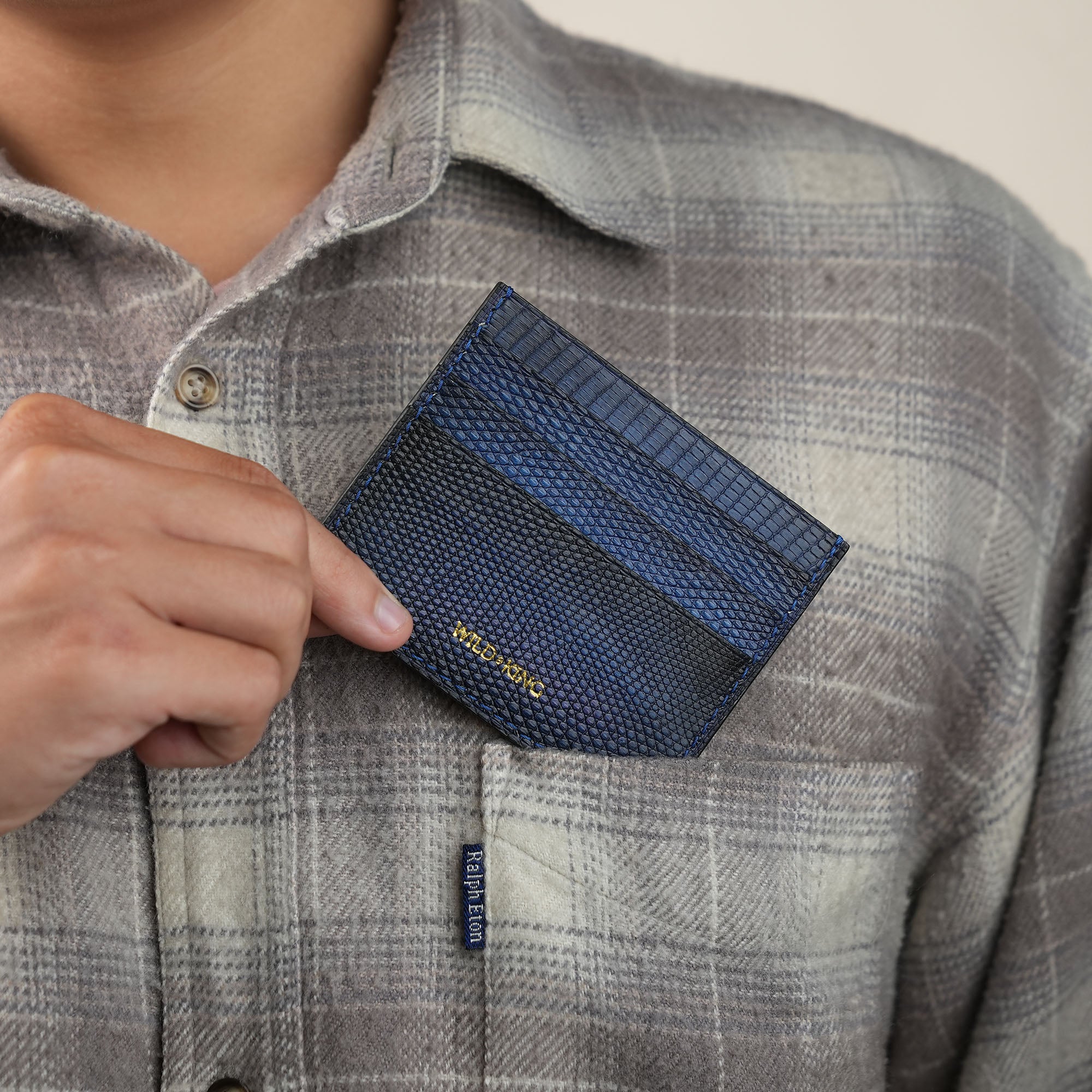 Navy Lizard Leather Card Holder - Patina Finish