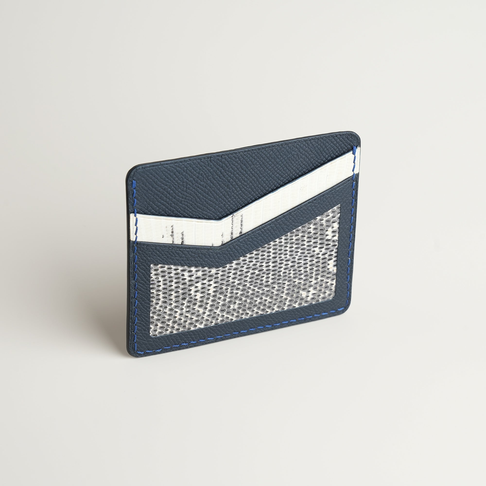Navy Epsom mix Lizard Leather Card Holder - Natural Pattern