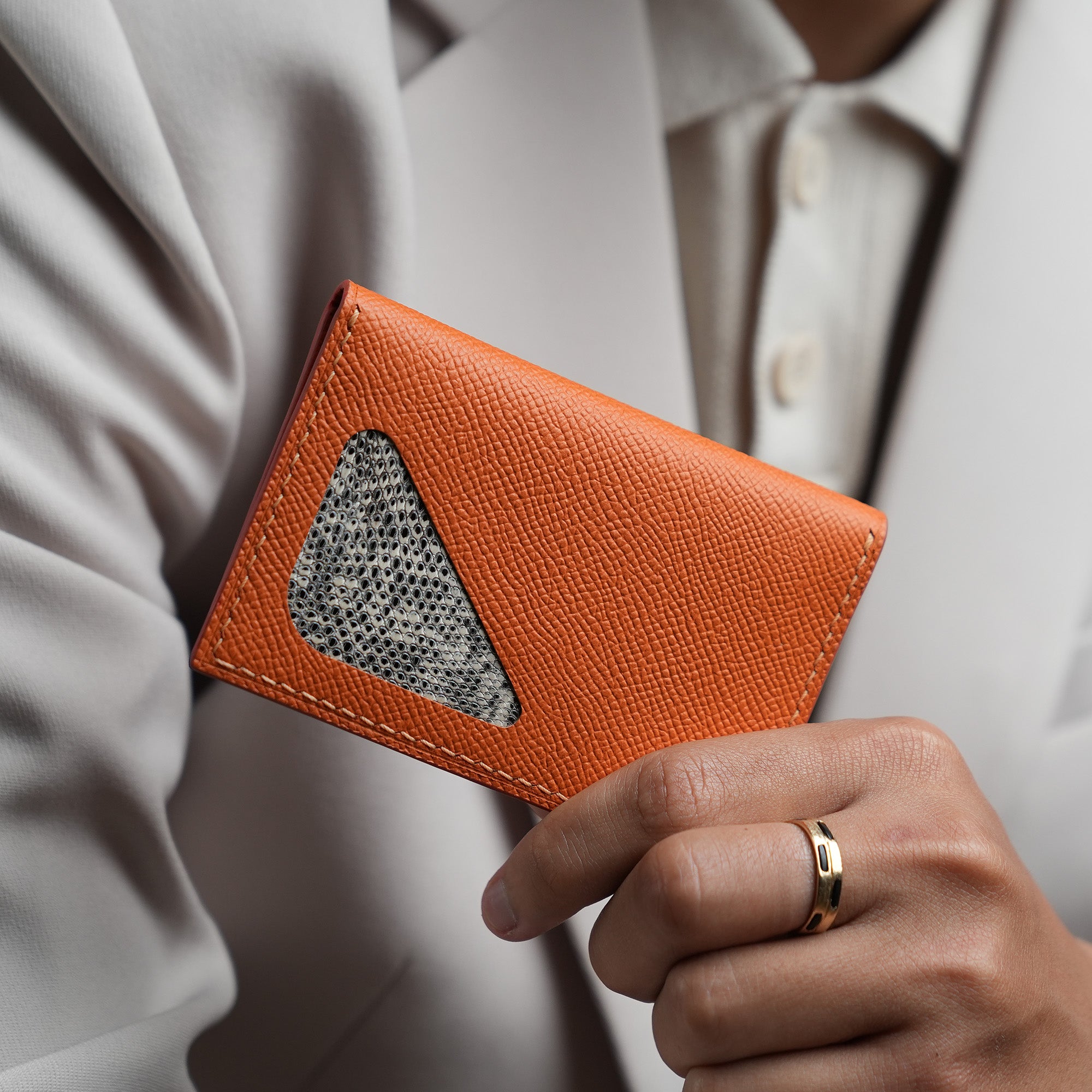 Orange Epsom mix Lizard Leather Bifold Wallet - Natural Pattern