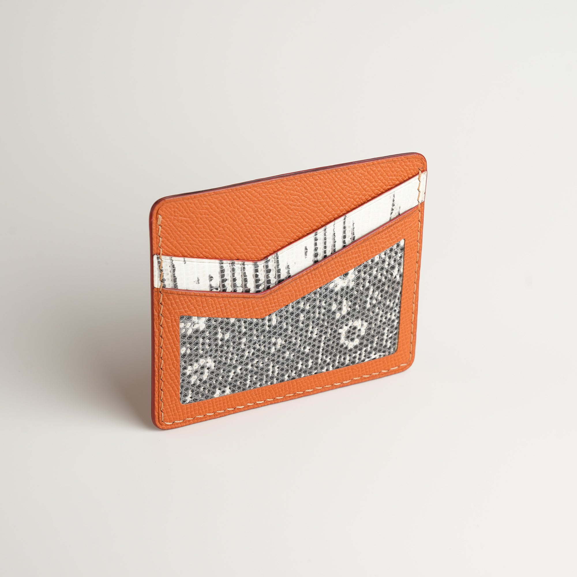 Orange Epsom mix Lizard Leather Card Holder - Natural Pattern