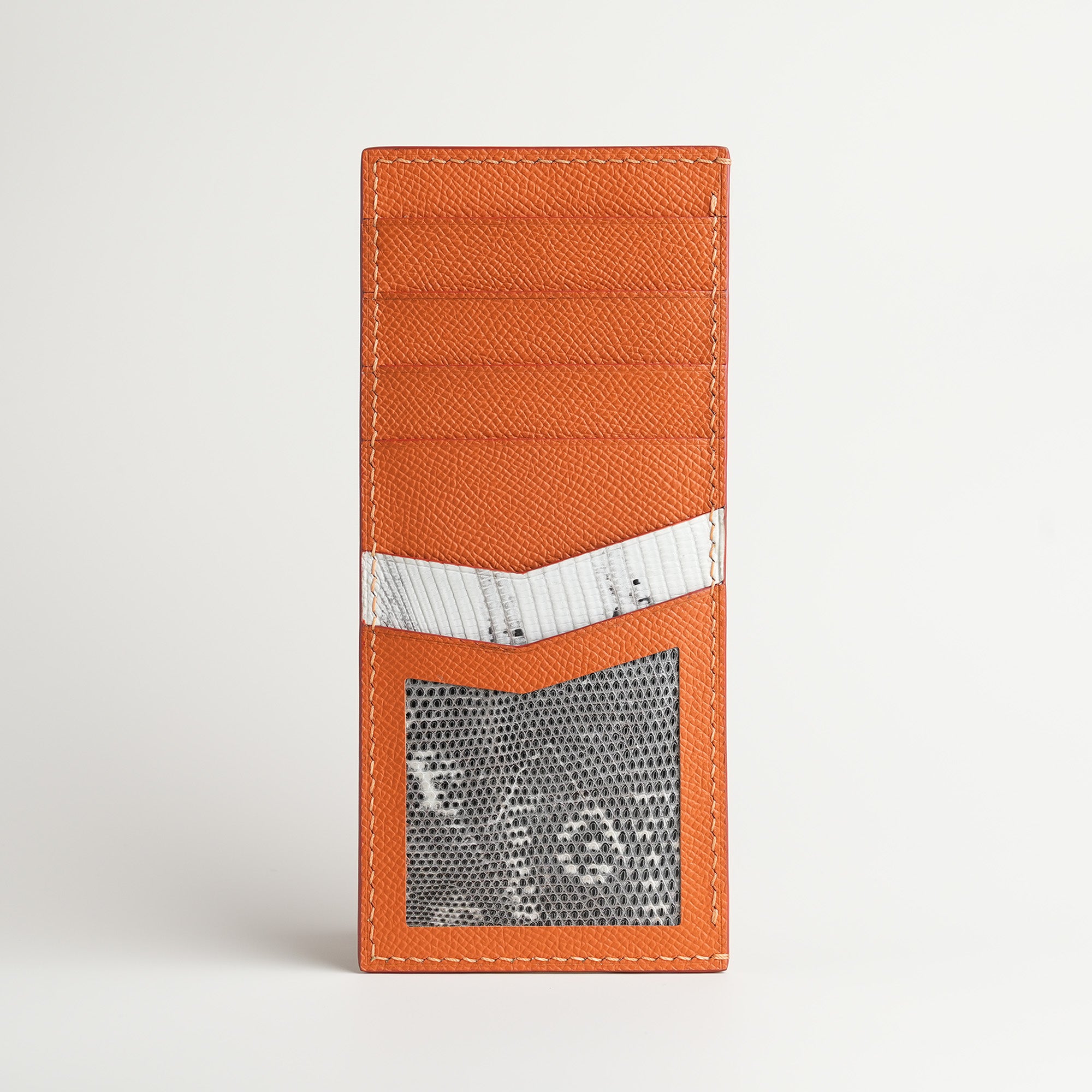 Orange Epsom mix Lizard Leather Vertical Card Holder - Natural Pattern
