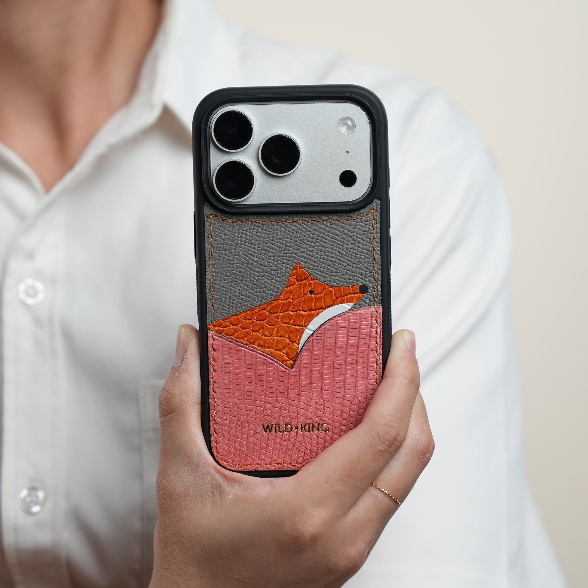 Pink Lizard Leather Iphone Case with Card Holder - Fox Design