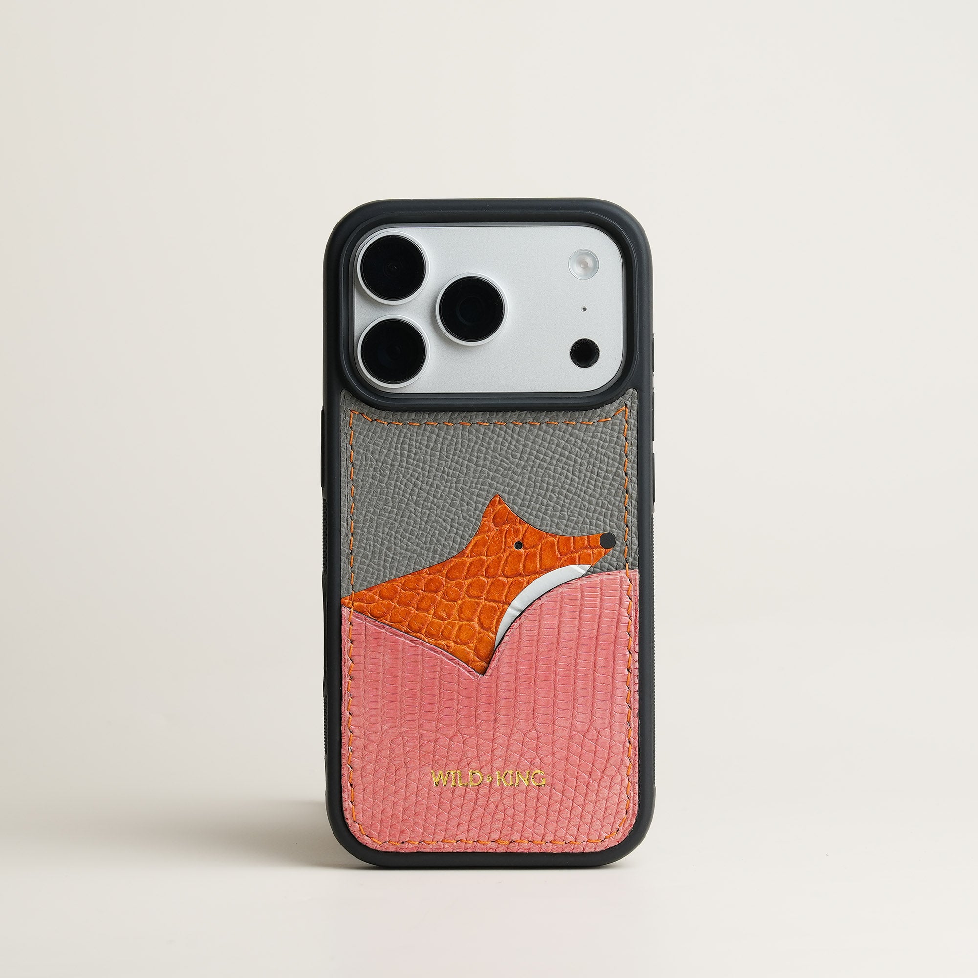 Pink Lizard Leather Iphone Case with Card Holder - Fox Design