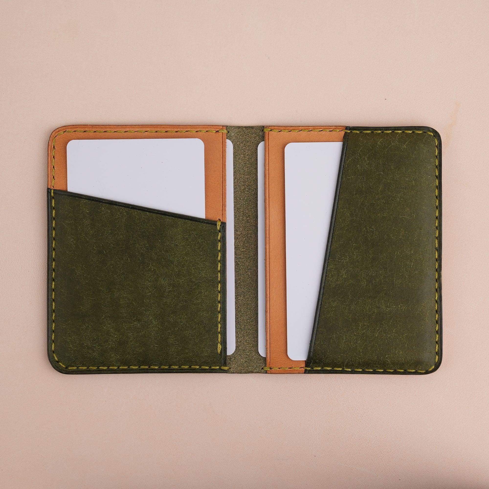 Green Pueblo Leather Bifold Card Wallet Minimalist - WildandKing