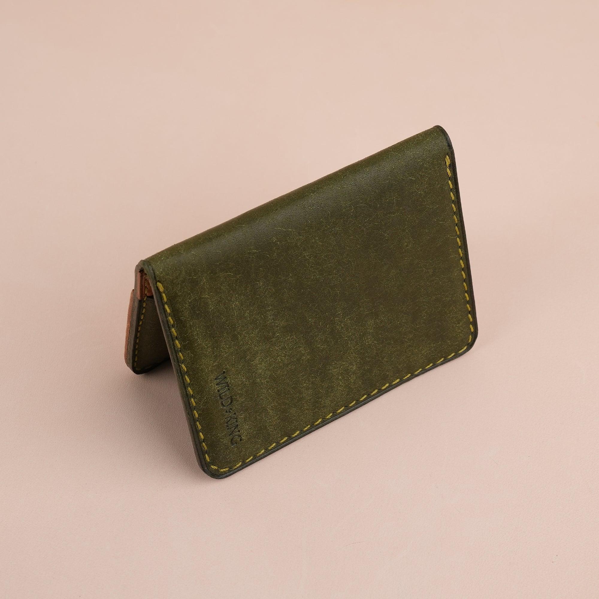 Green Pueblo Leather Bifold Card Wallet Minimalist - WildandKing