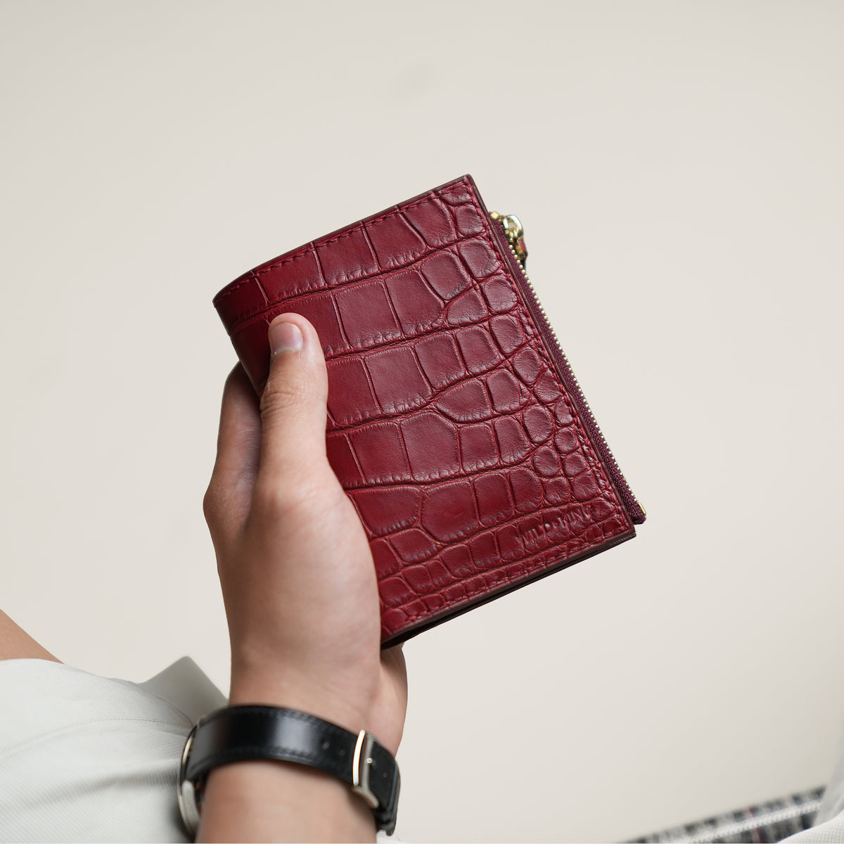 Red Alligator Leather Bifold Zipper Wallet with Snap Closure - Fox Design
