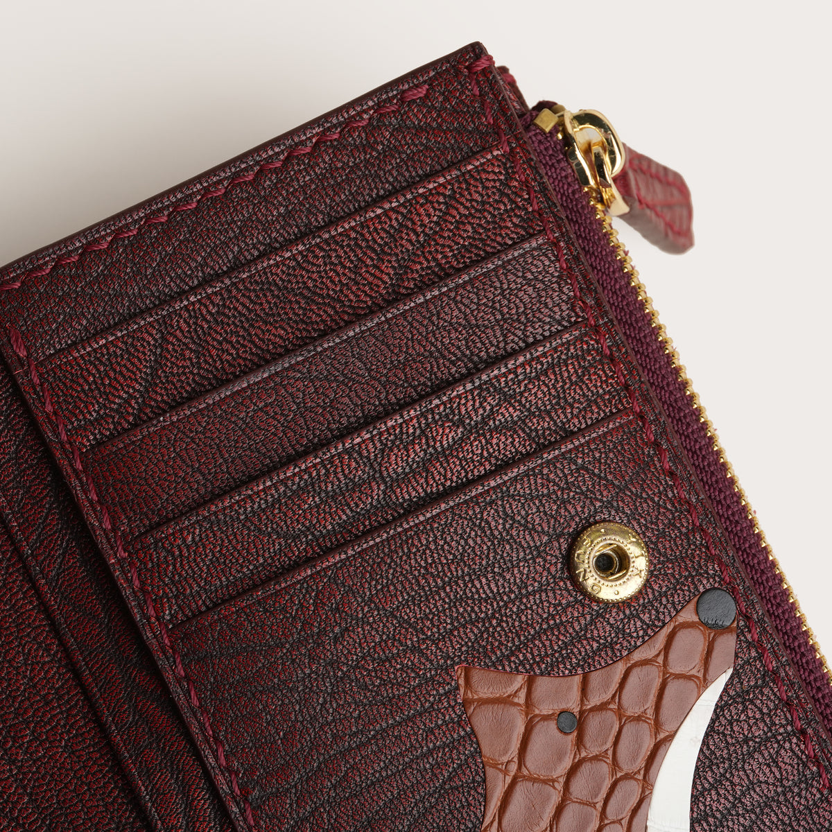 Red Alligator Leather Bifold Zipper Wallet with Snap Closure - Fox Design