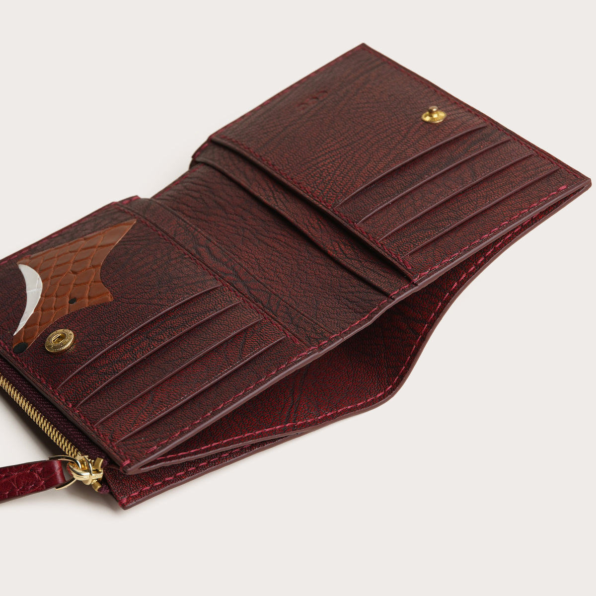 Red Alligator Leather Bifold Zipper Wallet with Snap Closure - Fox Design