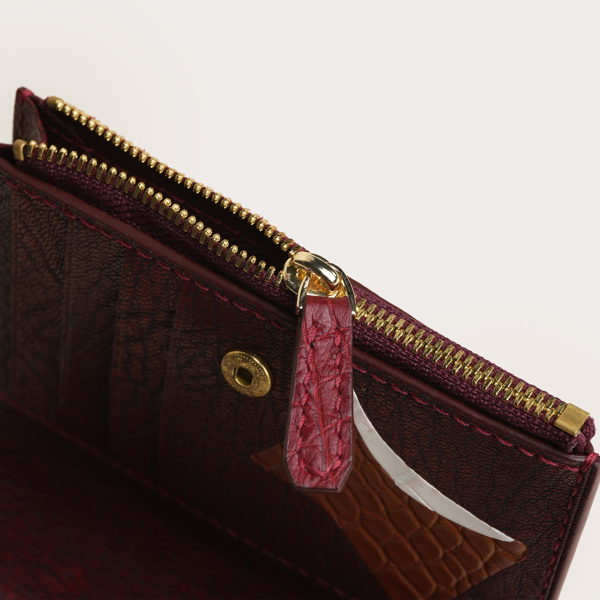 Red Alligator Leather Bifold Zipper Wallet with Snap Closure - Fox Design