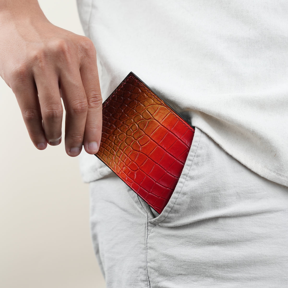 Red Crocodile Leather Wing Bifold Wallet - Solar Patina