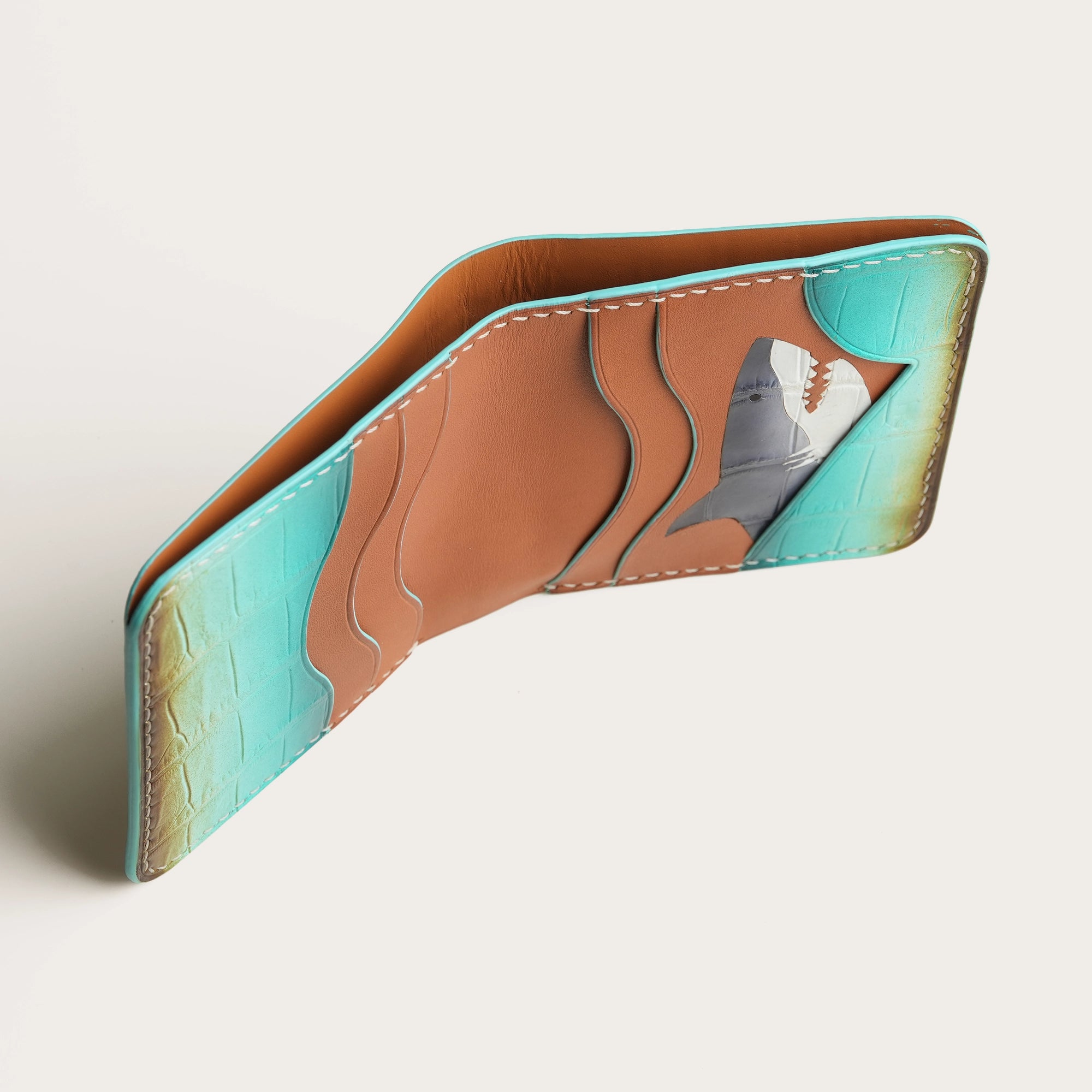 Turquoise Crocodile Leather Bifold Wallet - Shark Design - Ocean Patina