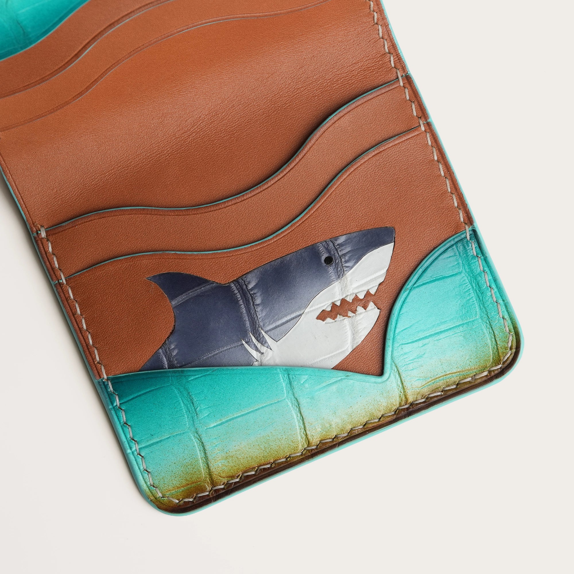 Turquoise Crocodile Leather Bifold Wallet - Shark Design - Ocean Patina
