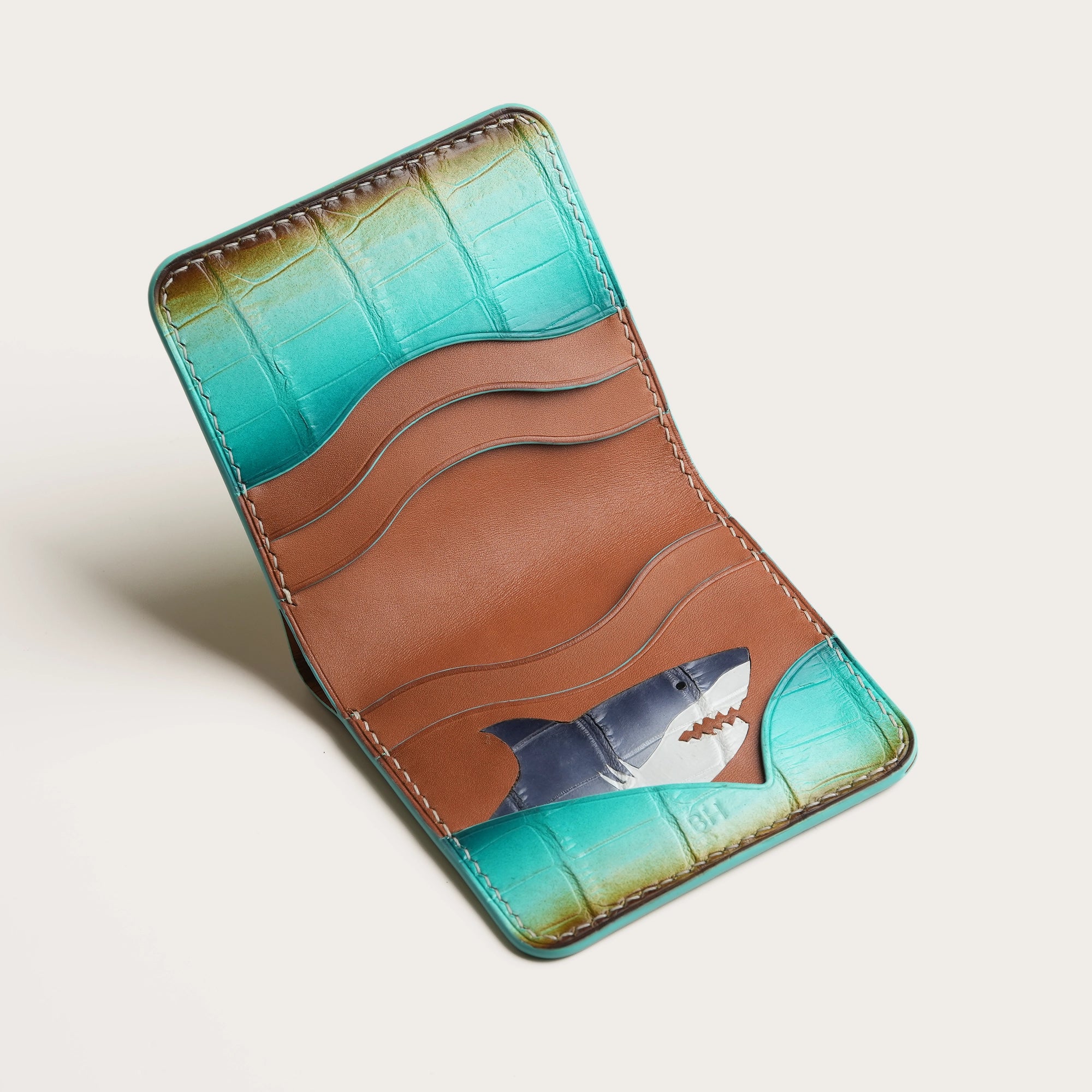 Turquoise Crocodile Leather Bifold Wallet - Shark Design - Ocean Patina