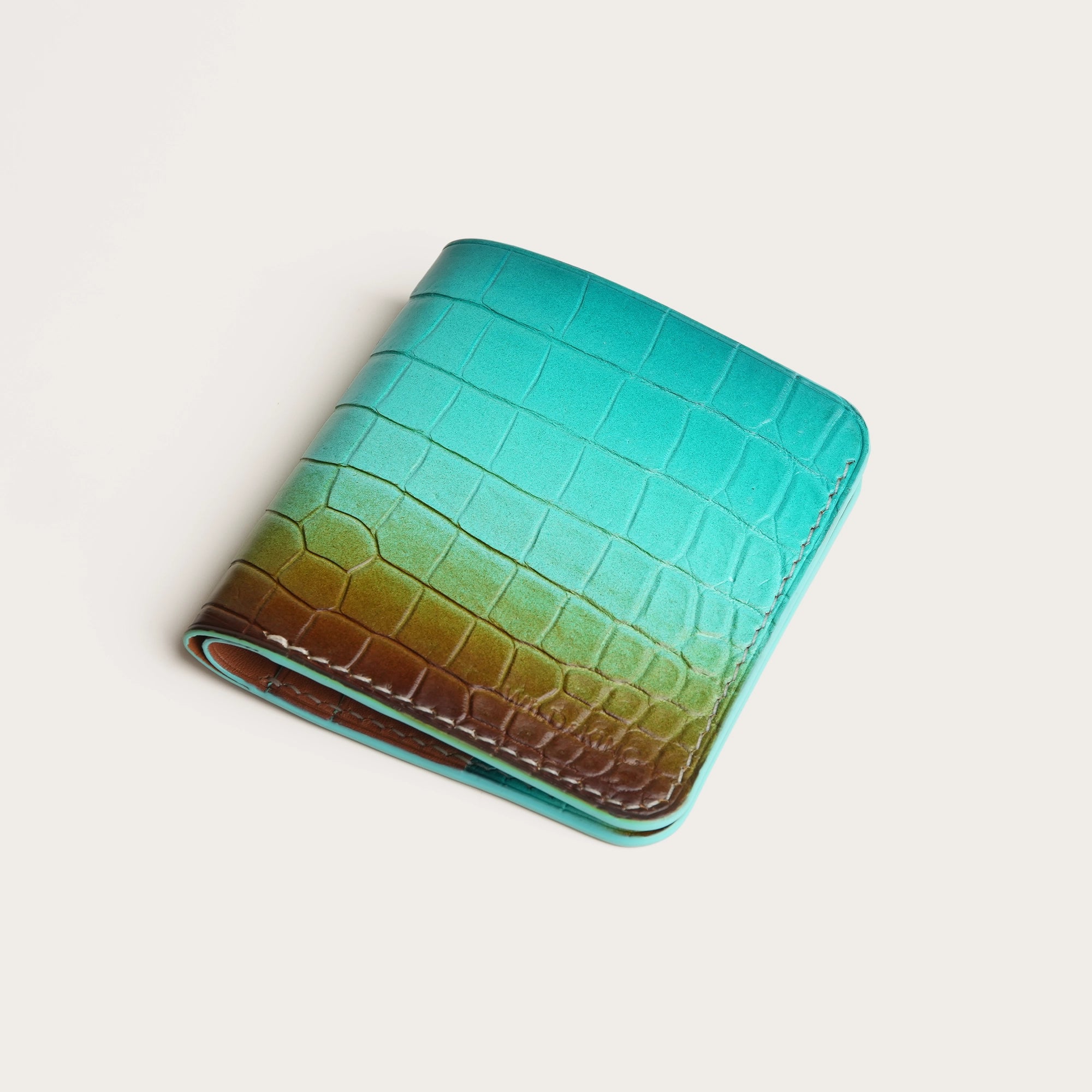Turquoise Crocodile Leather Bifold Wallet - Shark Design - Ocean Patina