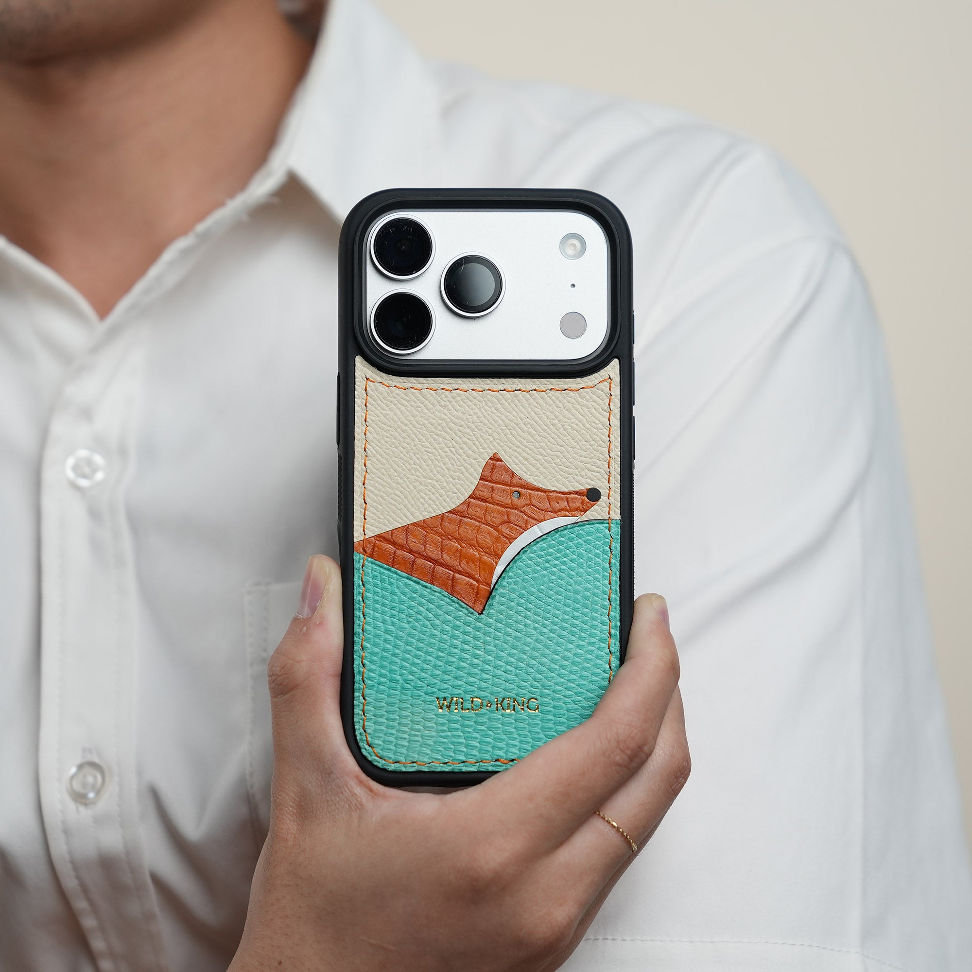 Turquoise Lizard Leather Iphone Case with Card Holder - Fox Design