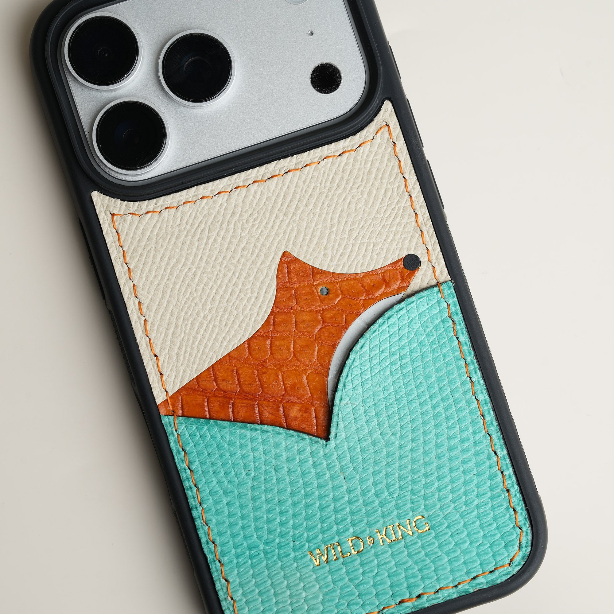 Turquoise Lizard Leather Iphone Case with Card Holder - Fox Design