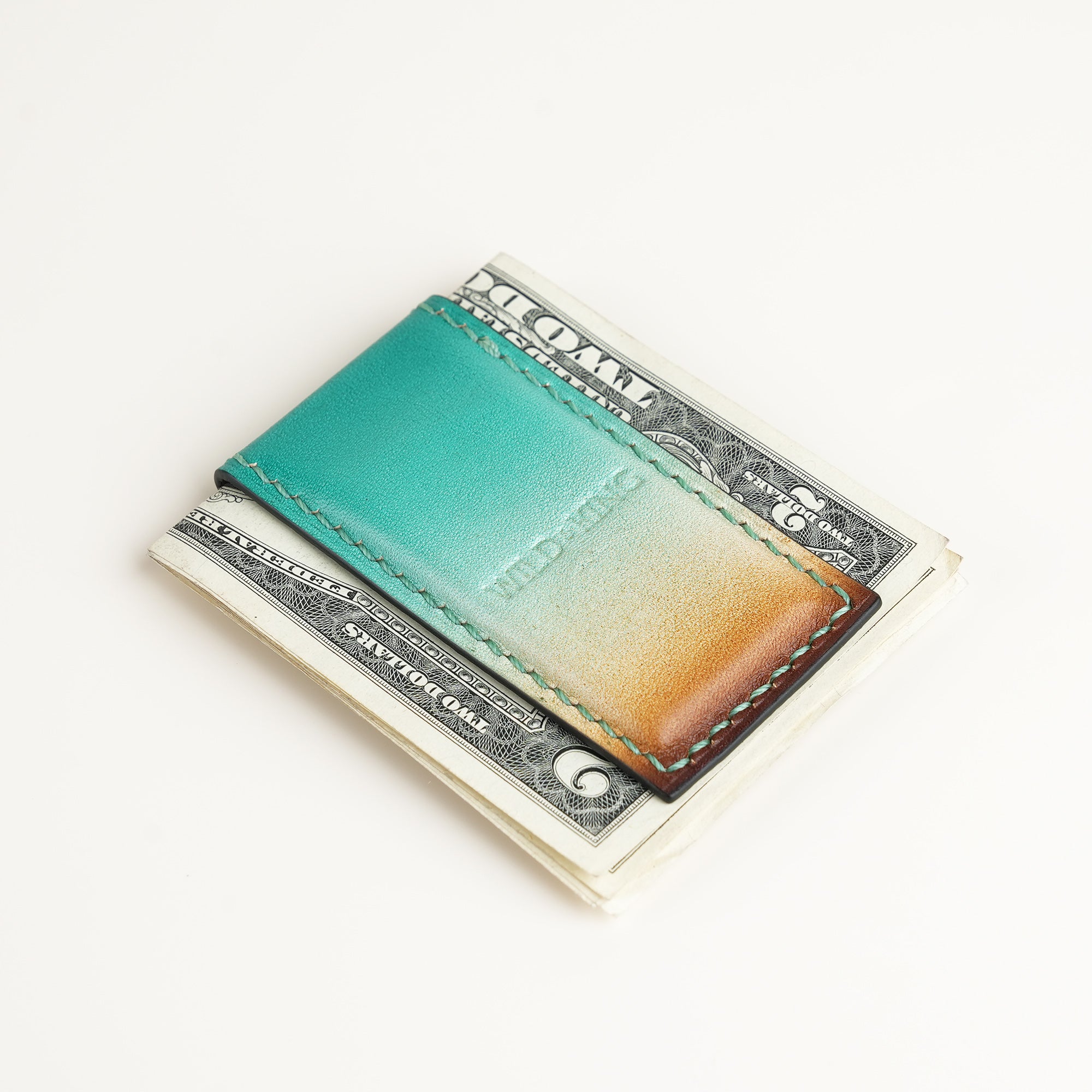 Turquoise Leather Money Clip - Ocean Patina - Square Shape