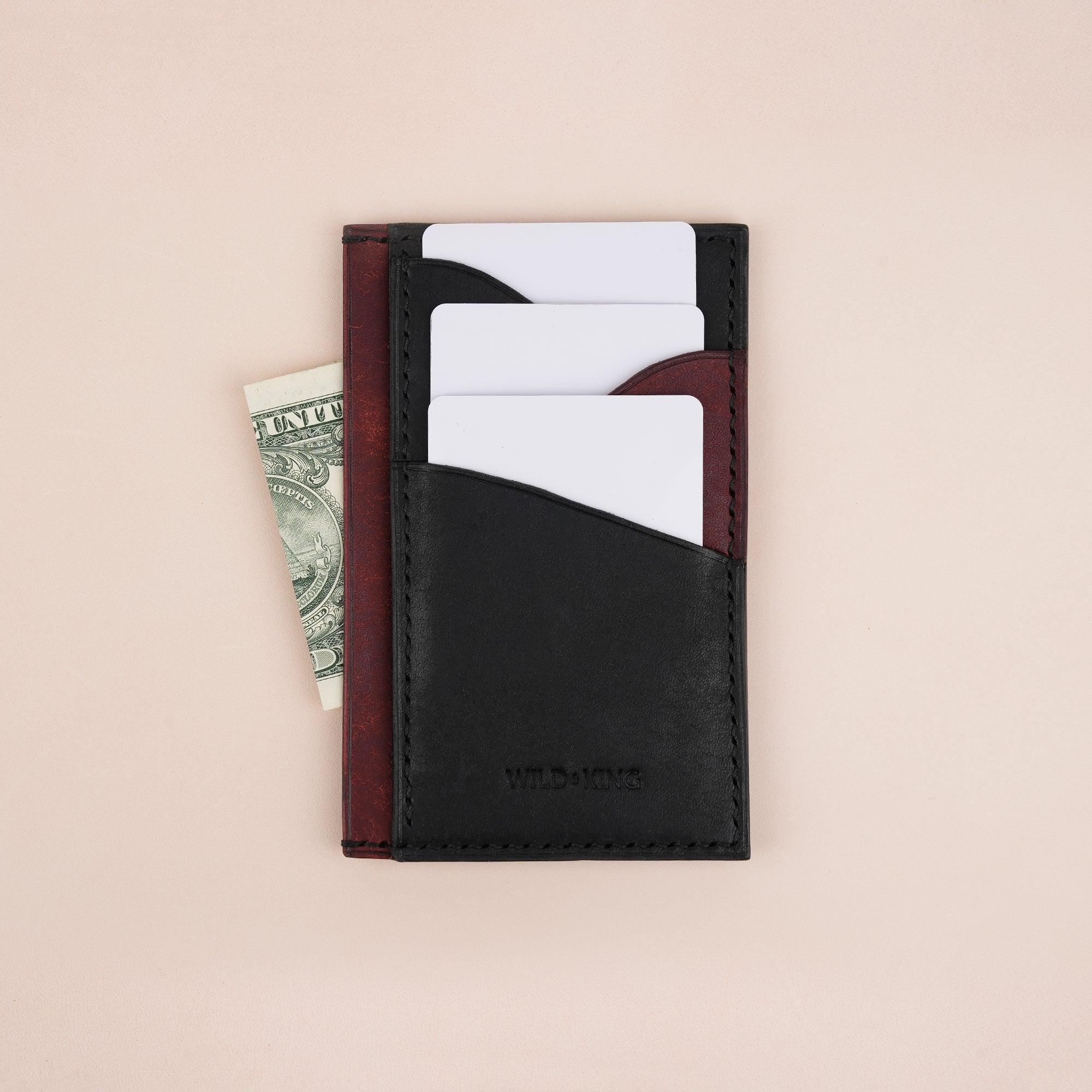 Vertical Black and Burgundy Pueblo Leather Card Holder Wallet Slim - WildandKing