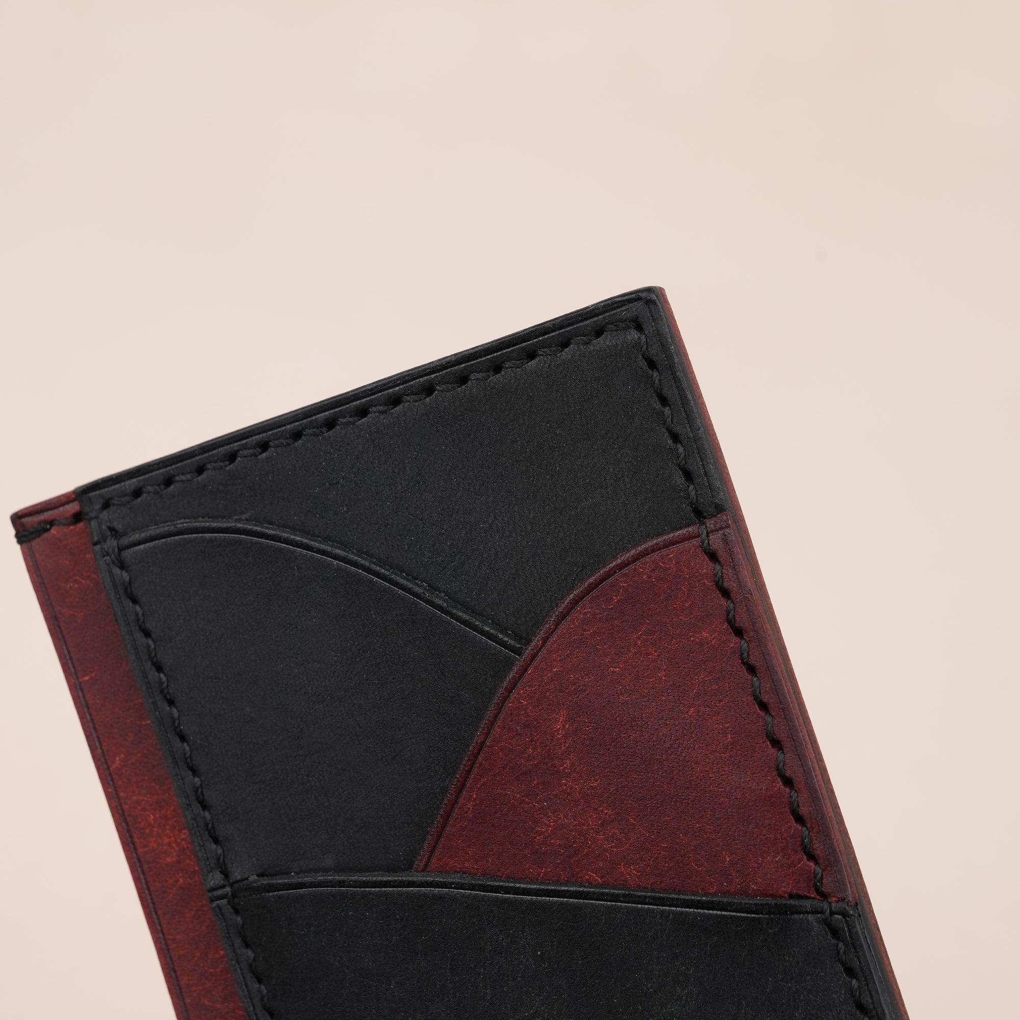 Vertical Black and Burgundy Pueblo Leather Card Holder Wallet Slim - WildandKing