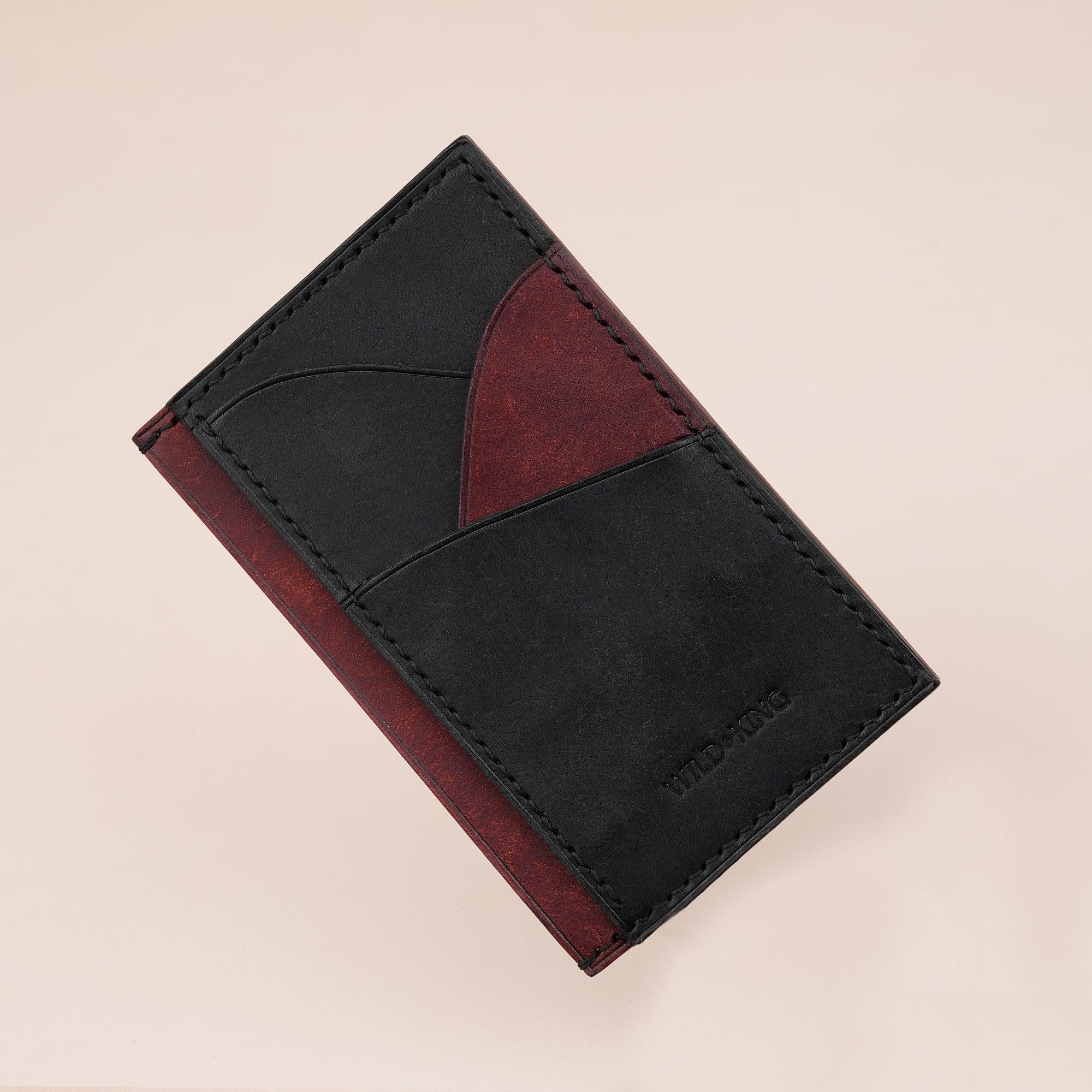 Vertical Black and Burgundy Pueblo Leather Card Holder Wallet Slim - WildandKing