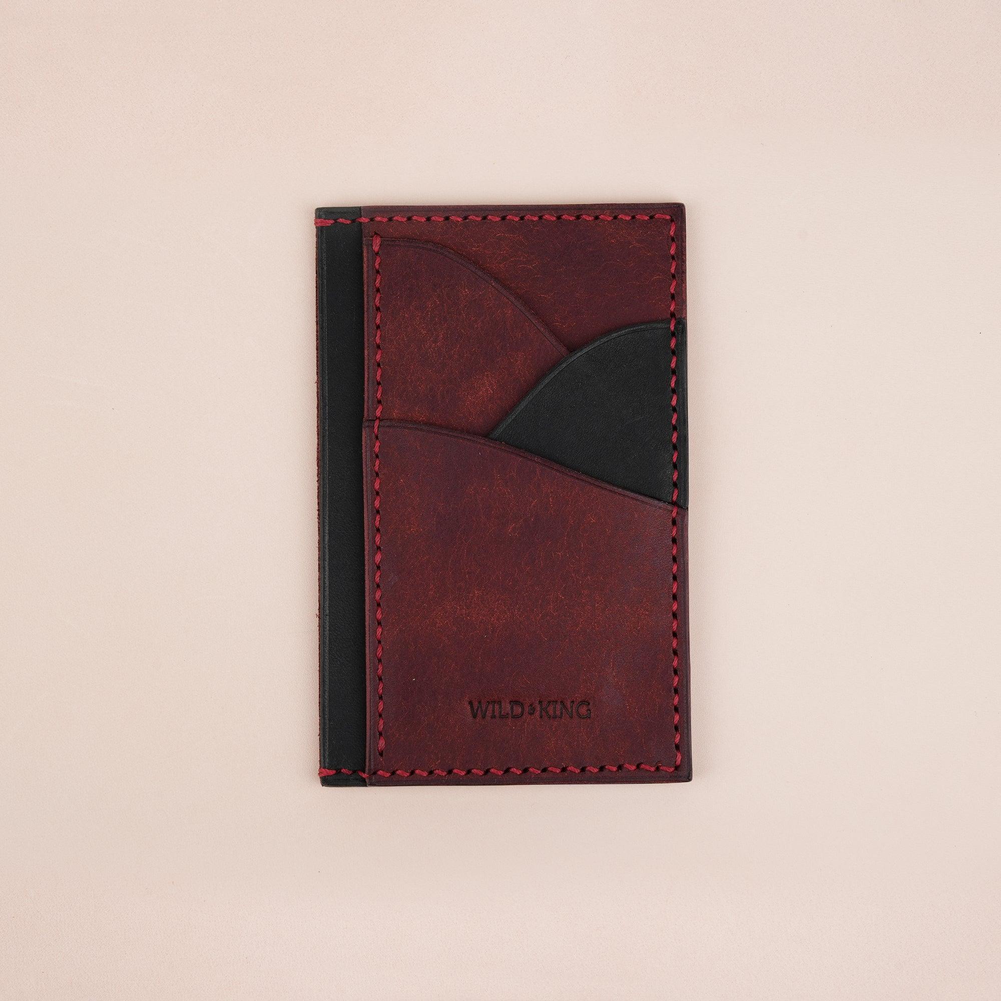 Vertical Burgundy and Black Pueblo Leather Card Holder Wallet Slim - WildandKing