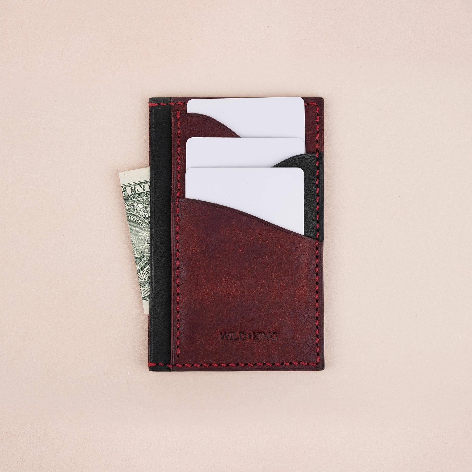 Vertical Burgundy and Black Pueblo Leather Card Holder Wallet Slim - WildandKing