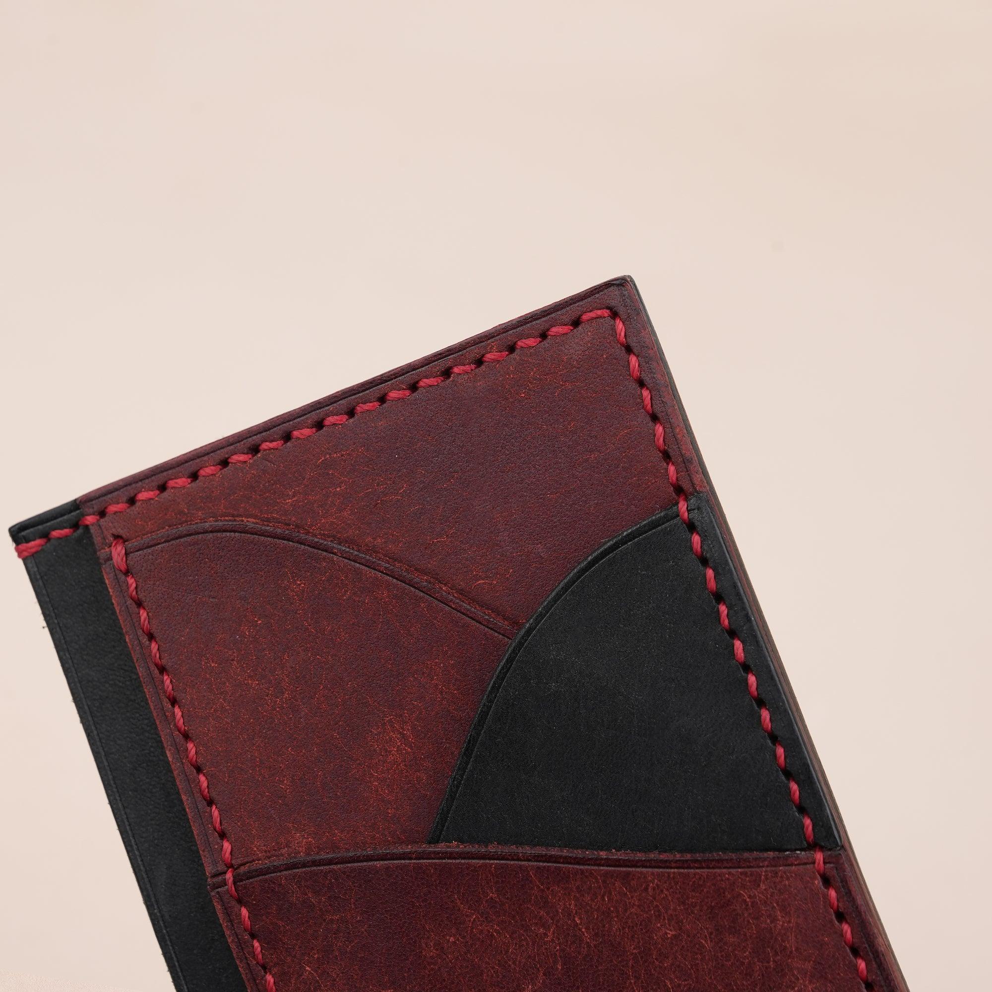 Vertical Burgundy and Black Pueblo Leather Card Holder Wallet Slim - WildandKing