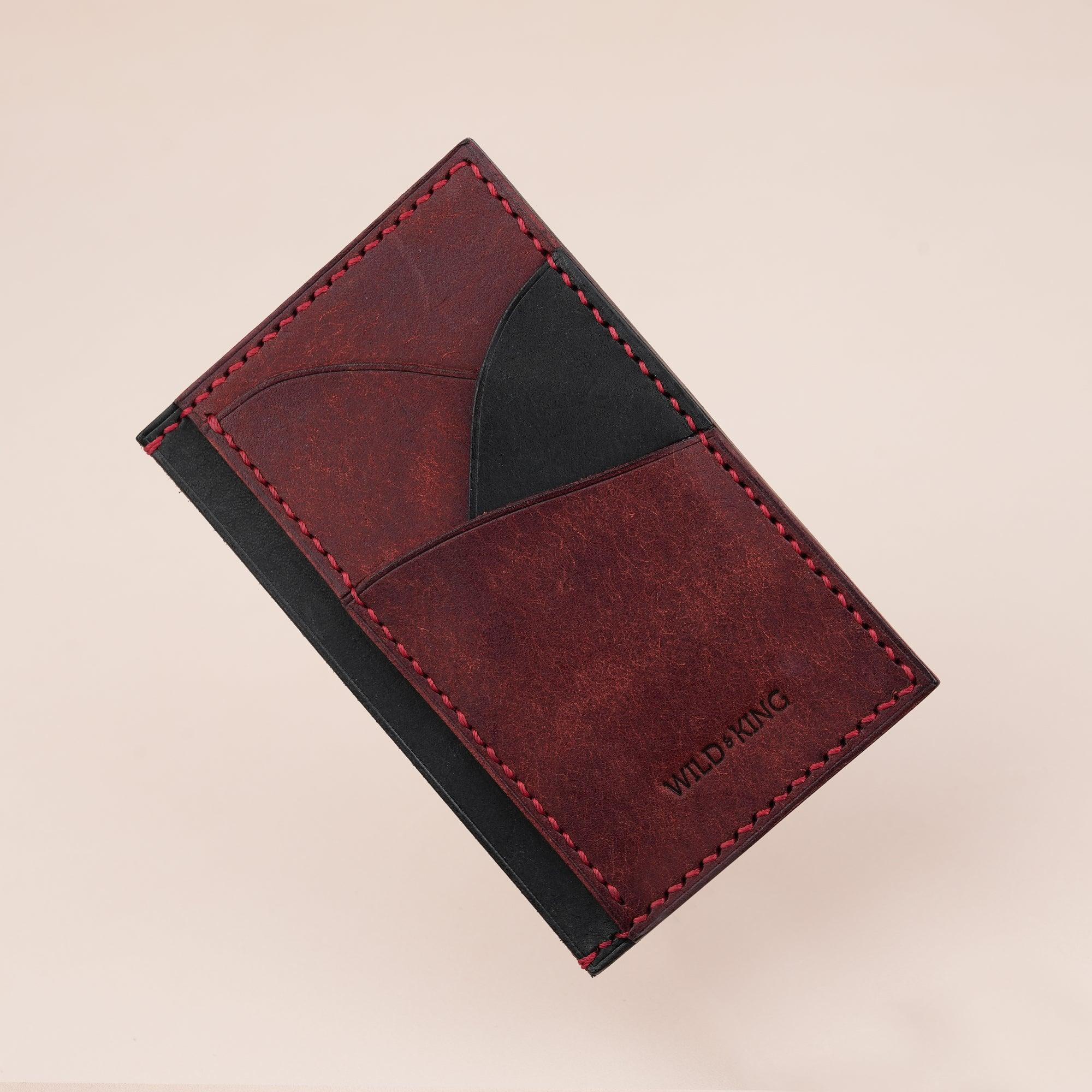 Vertical Burgundy and Black Pueblo Leather Card Holder Wallet Slim - WildandKing