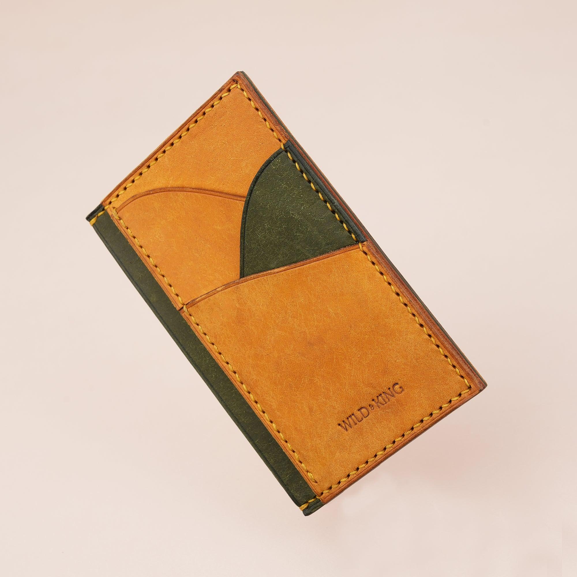 Vertical Golden mix Olive Pueblo Leather Card Holder Wallet Slim - WildandKing