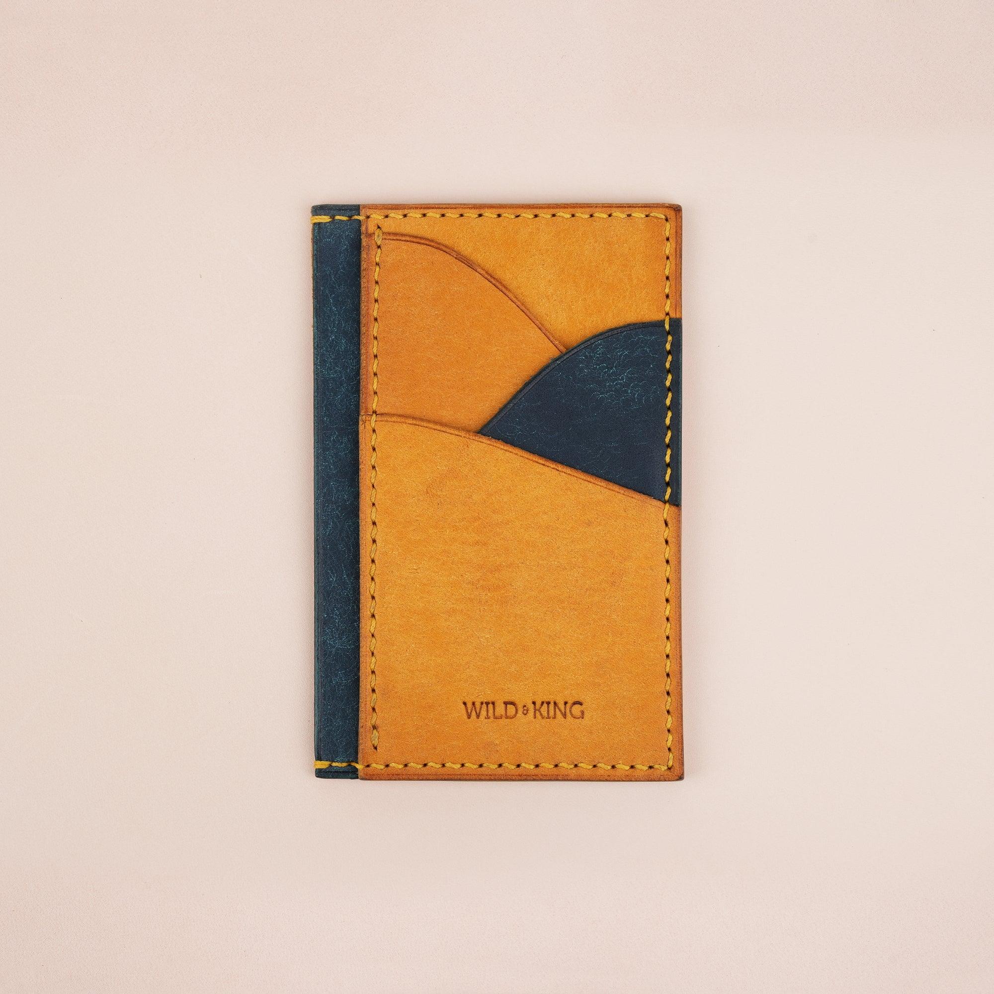 Vertical Golden and Navy Pueblo Leather Card Holder Wallet Slim - WildandKing