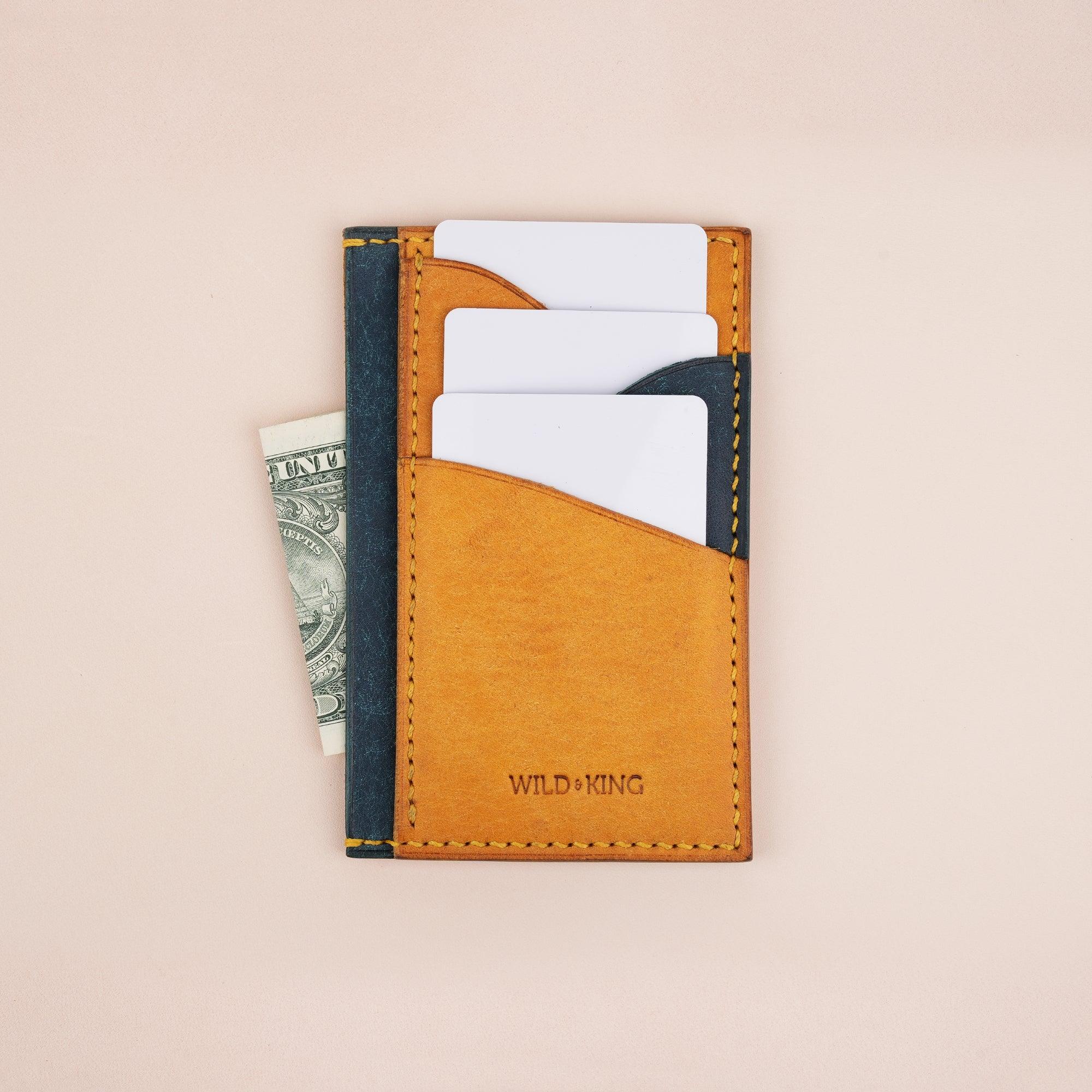 Vertical Golden and Navy Pueblo Leather Card Holder Wallet Slim - WildandKing