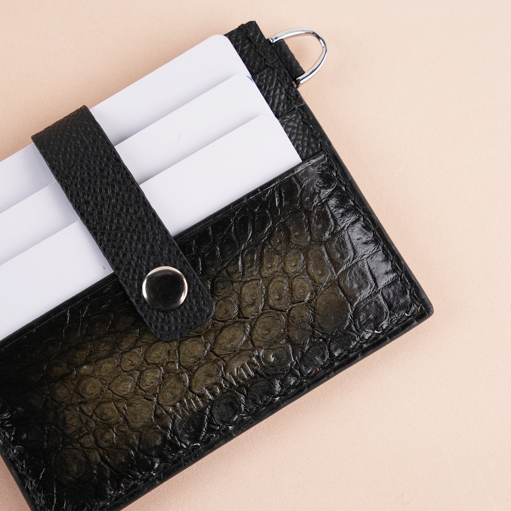 Muschio Alligator Leather with Push Button ID Card Holder - Patina Finish