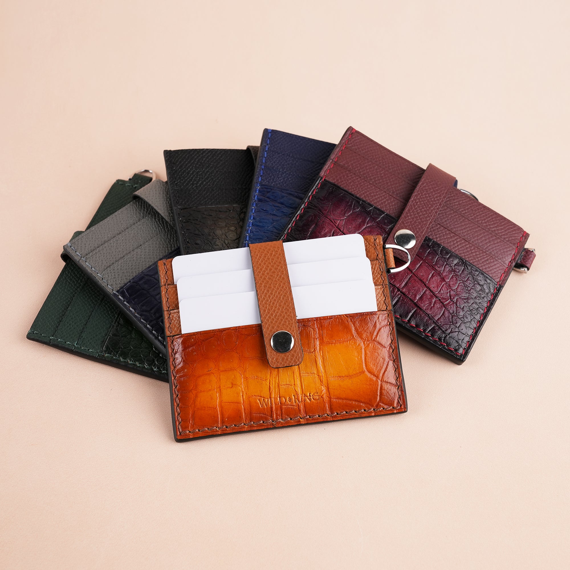 Burgundy Alligator Leather with Push Button ID Card Holder - Patina Finish