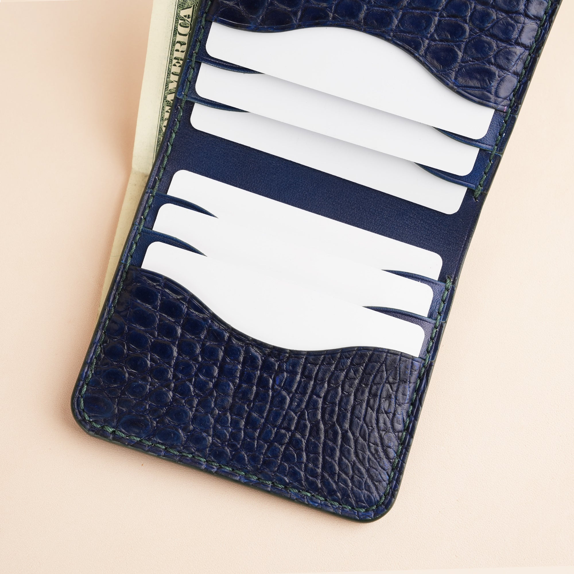 Dark Blue Crocodile Leather Bifold Wallet