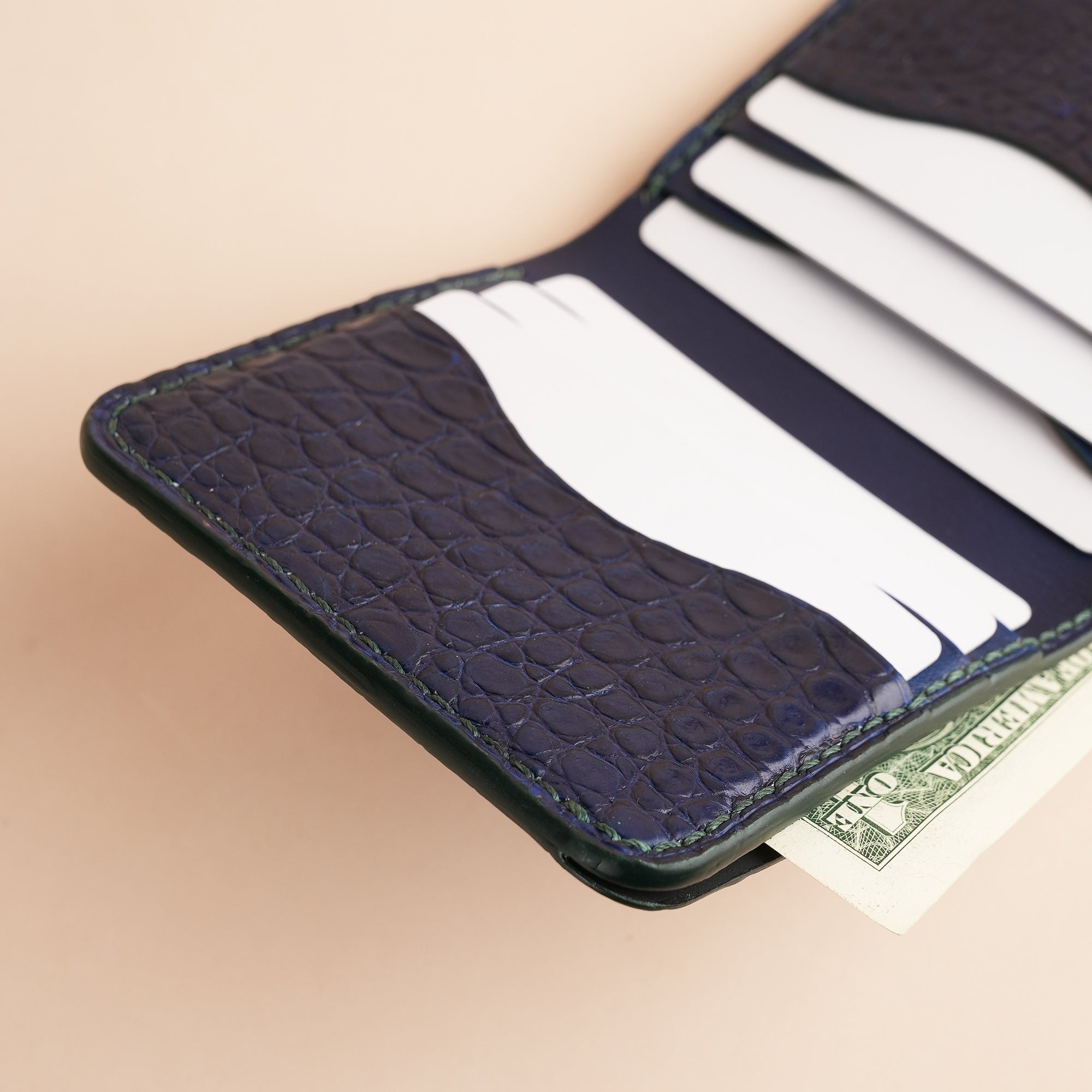 Dark Blue Crocodile Leather Bifold Wallet