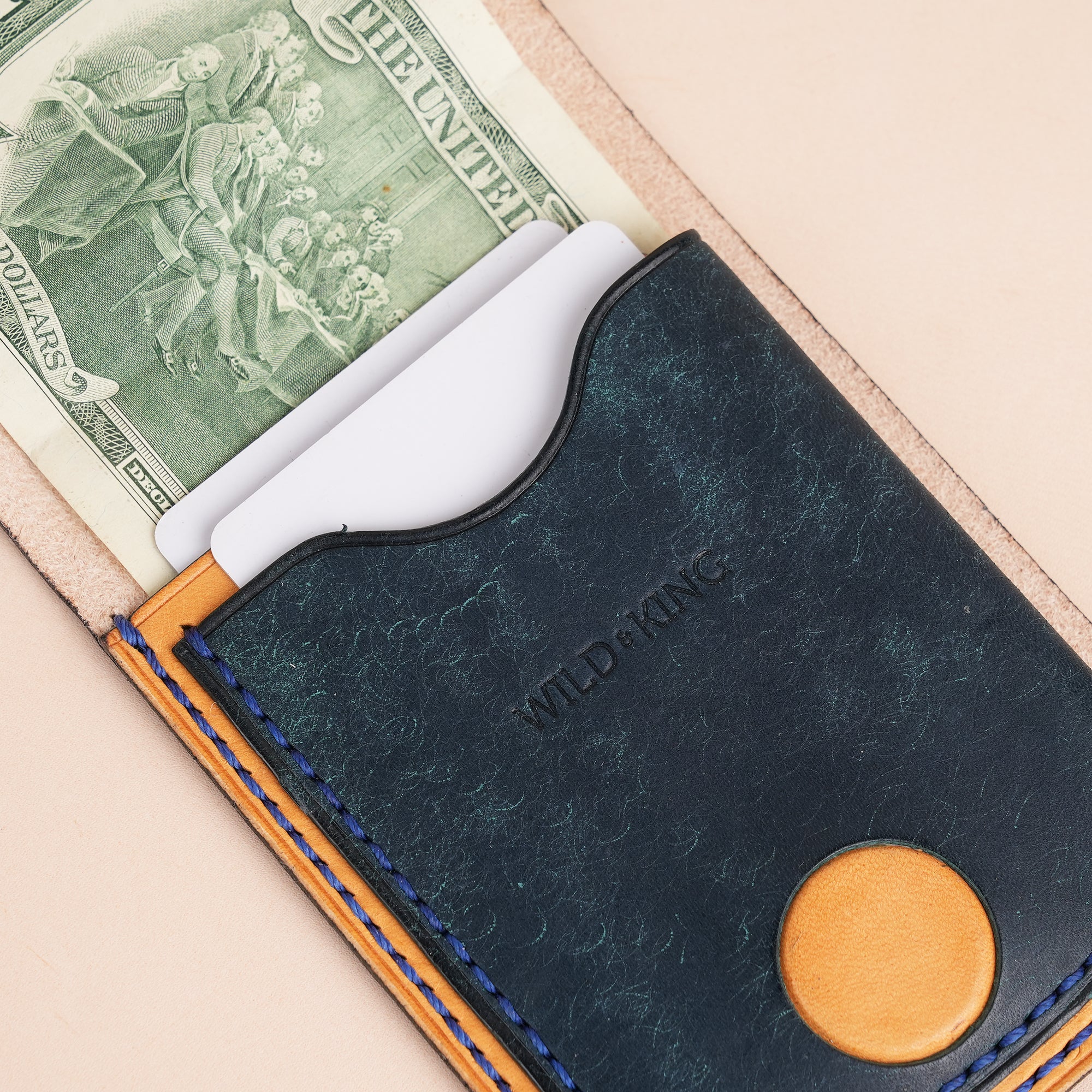 Blue Leather Snap Wallet Tea-Rex Design - Patina Finish