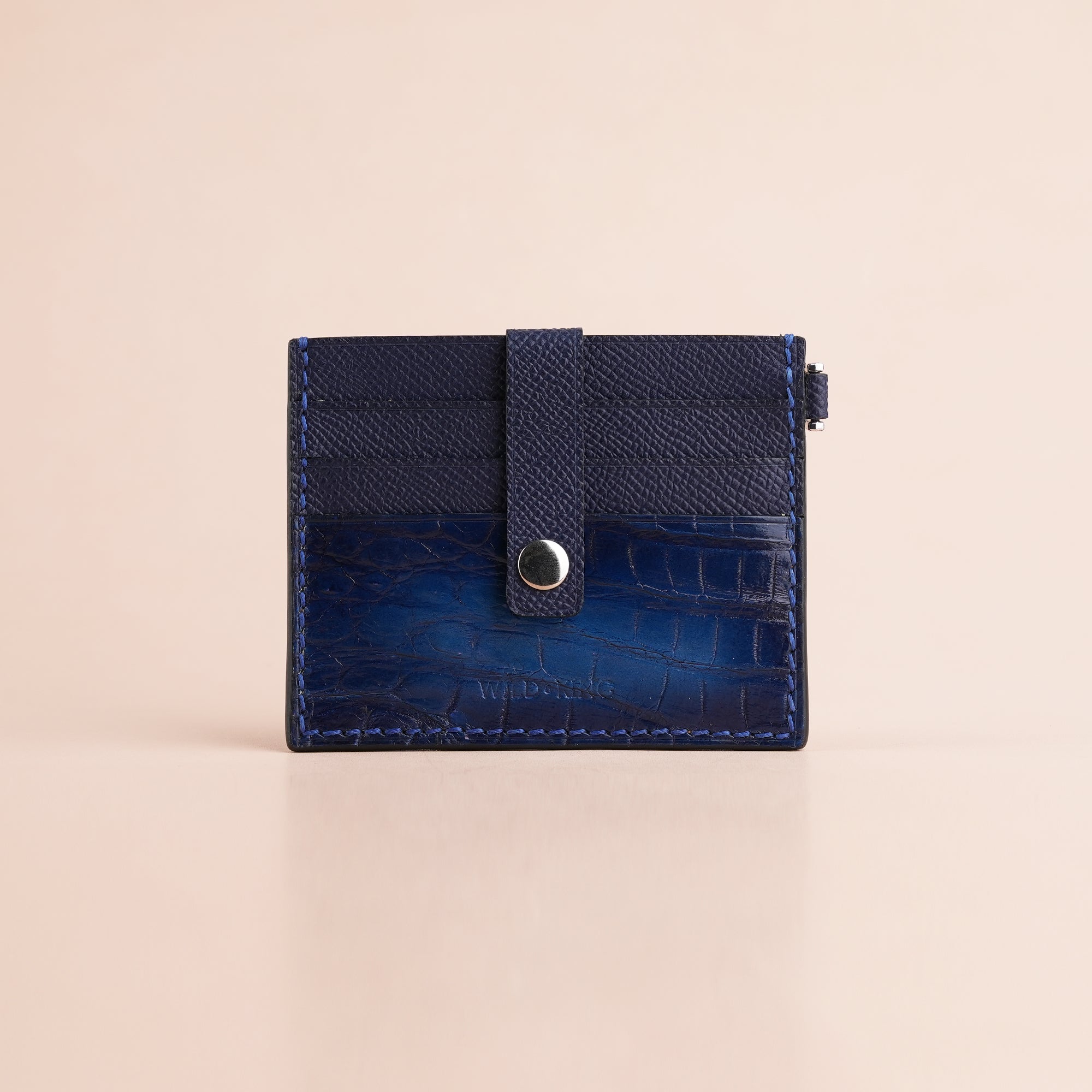 Royal Blue Alligator Leather with Push Button ID Card Holder - Patina Finish