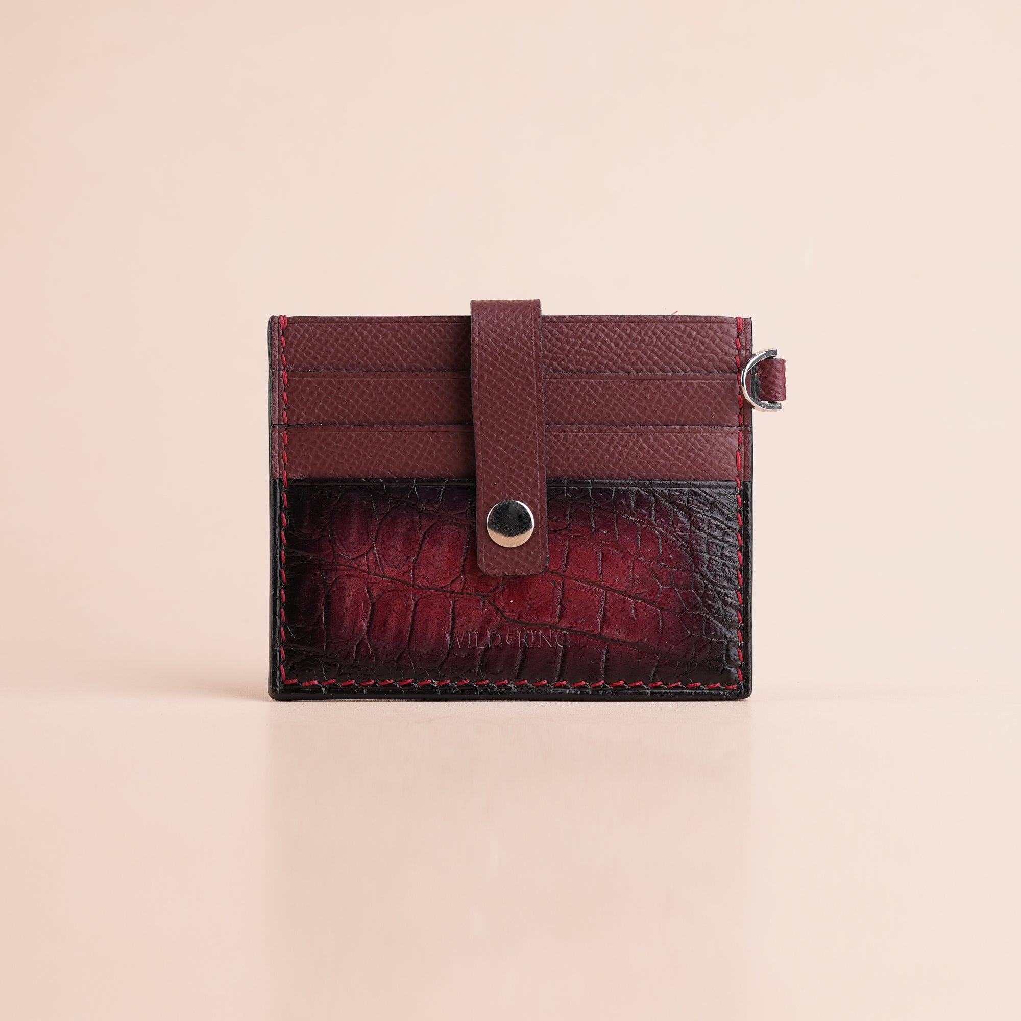 Burgundy Alligator Leather with Push Button ID Card Holder - Patina Finish