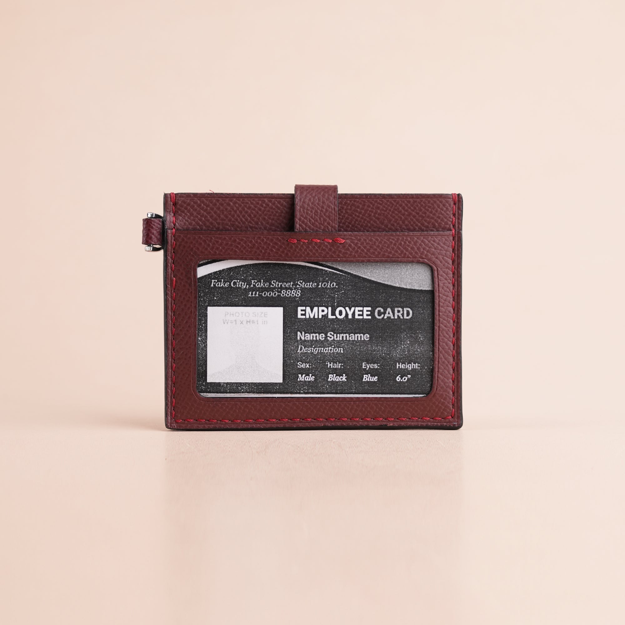 Burgundy Alligator Leather with Push Button ID Card Holder - Patina Finish