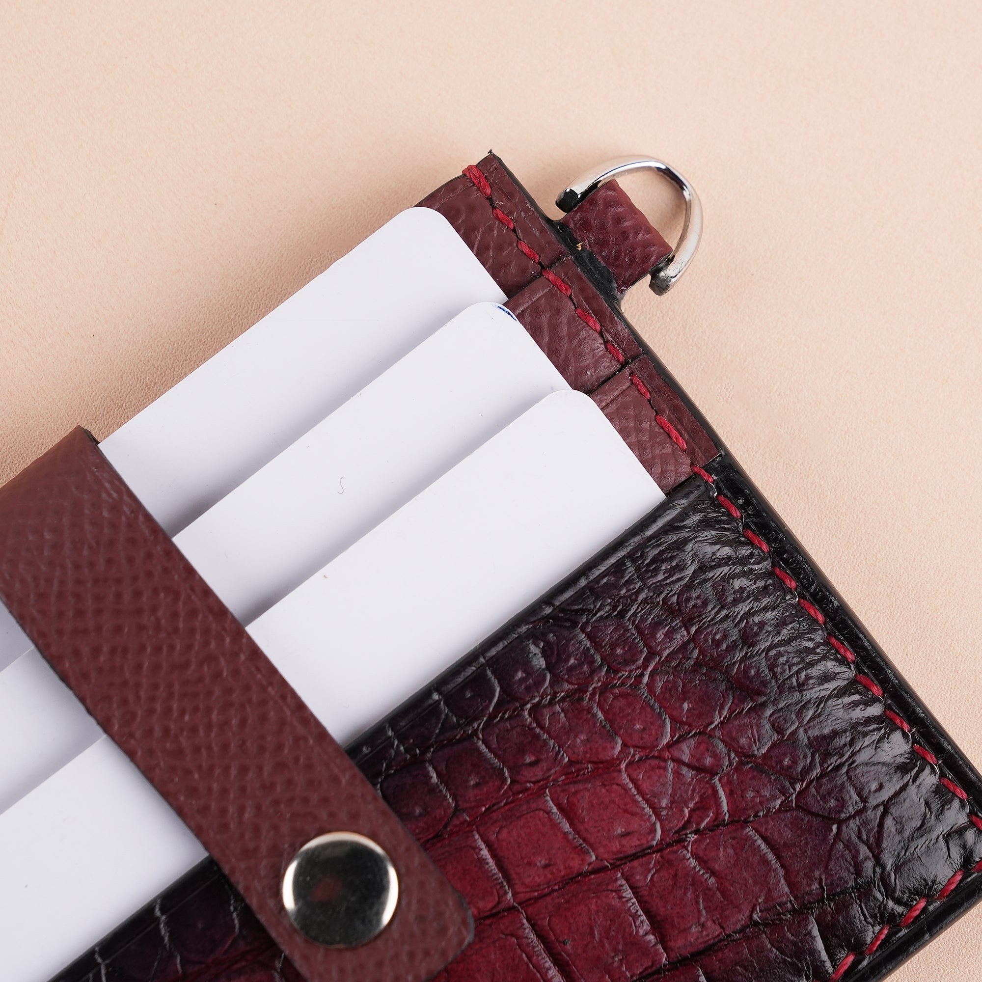 Burgundy Alligator Leather with Push Button ID Card Holder - Patina Finish