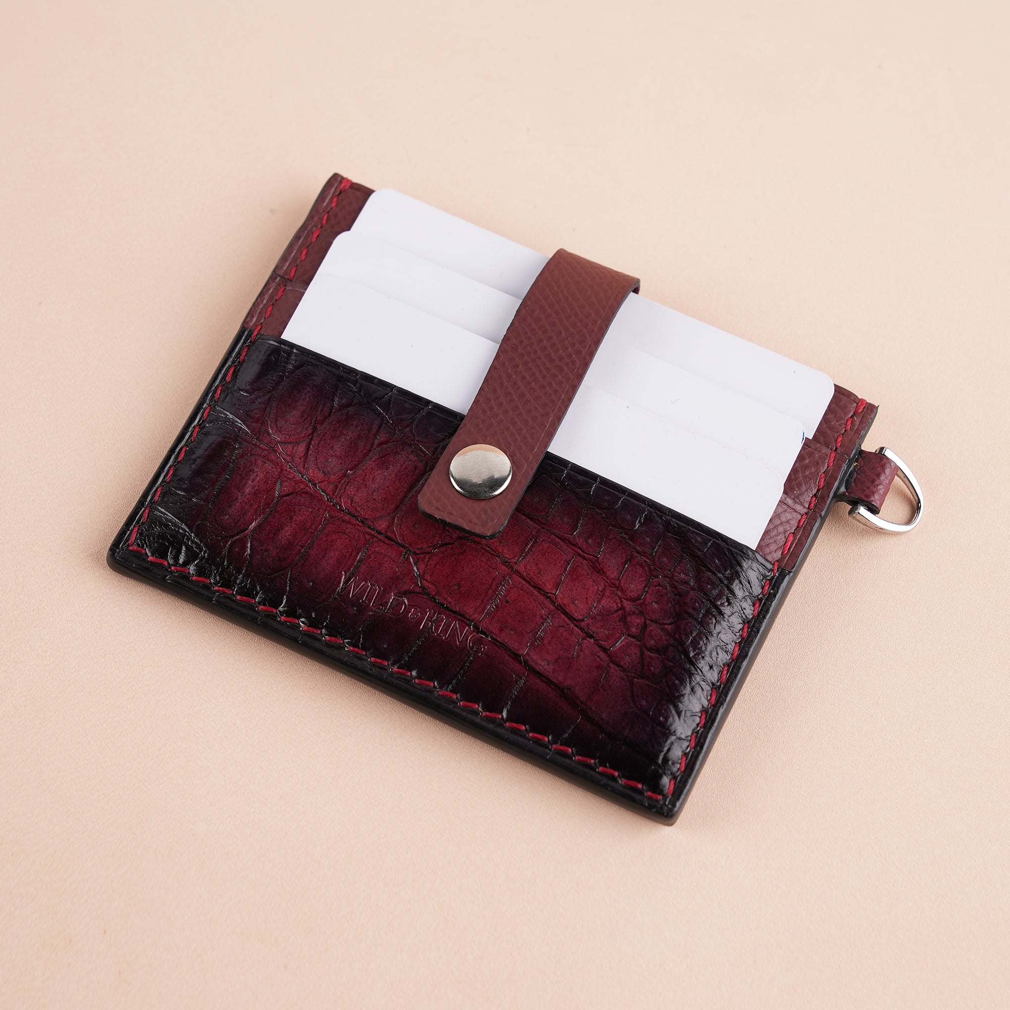 Burgundy Alligator Leather with Push Button ID Card Holder - Patina Finish