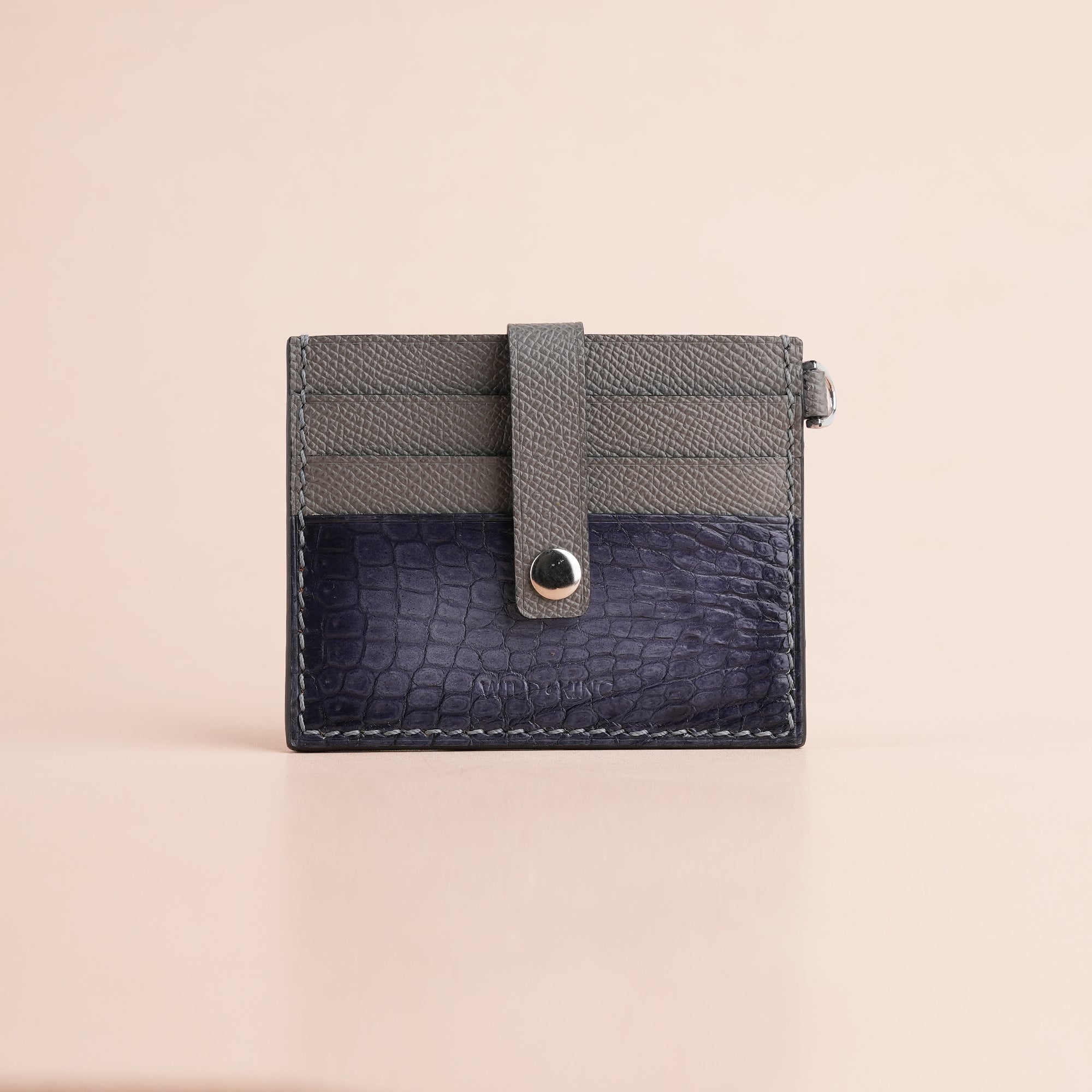 Gray Alligator Leather with Push Button ID Card Holder - Patina Finish
