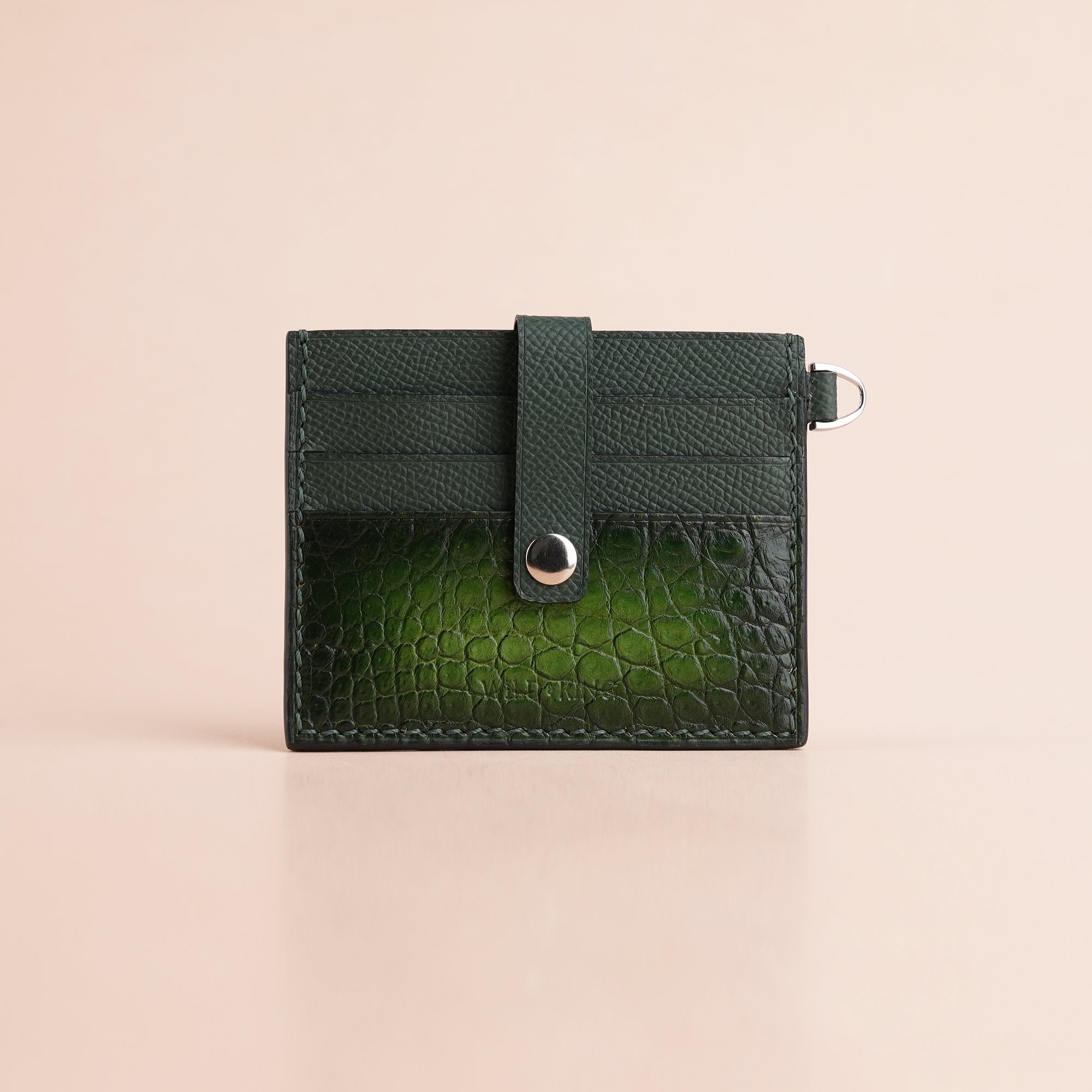 Green Alligator Leather with Push Button ID Card Holder - Patina Finish
